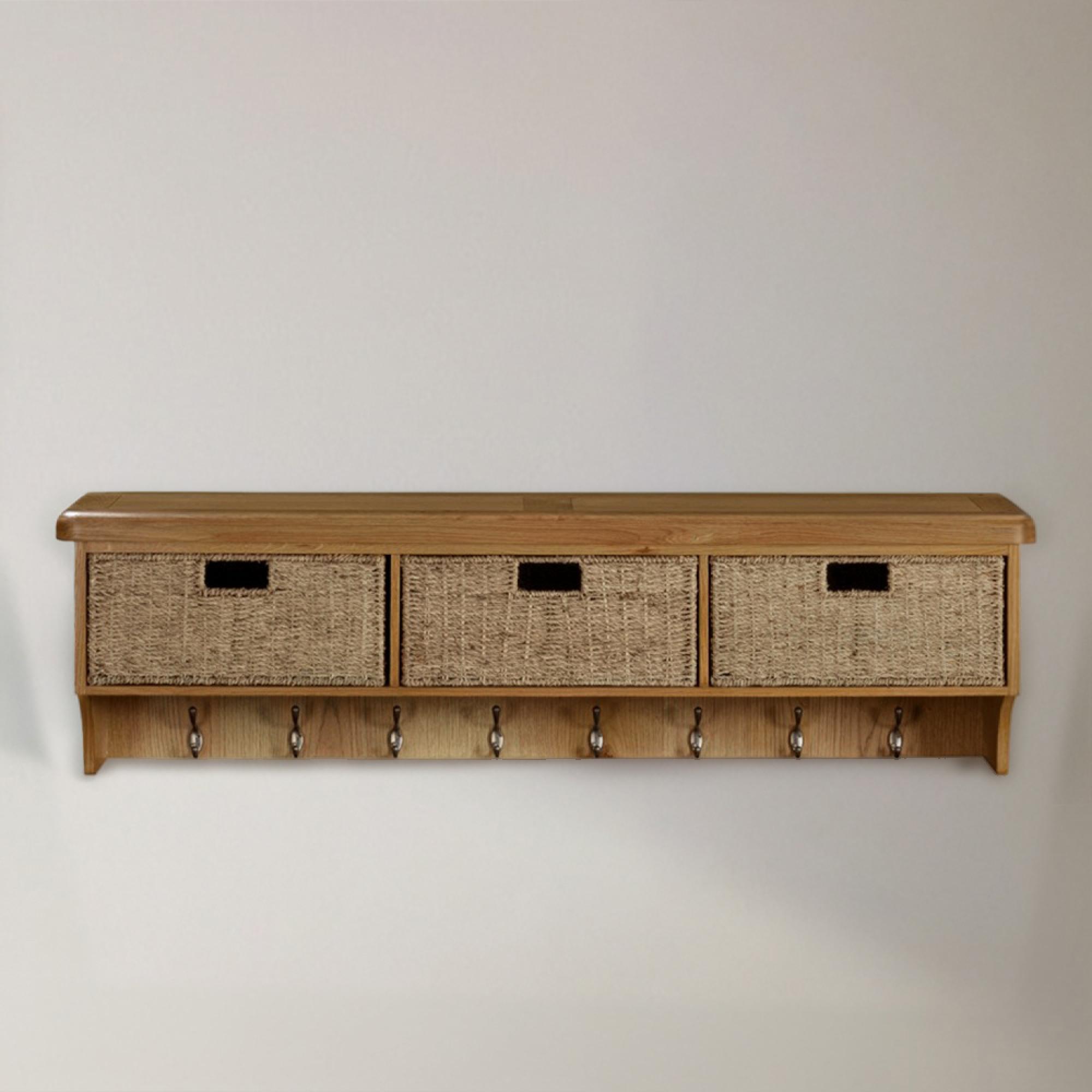 Janelle Wall Shelf - with Hooks and Baskets - Rustic Oak