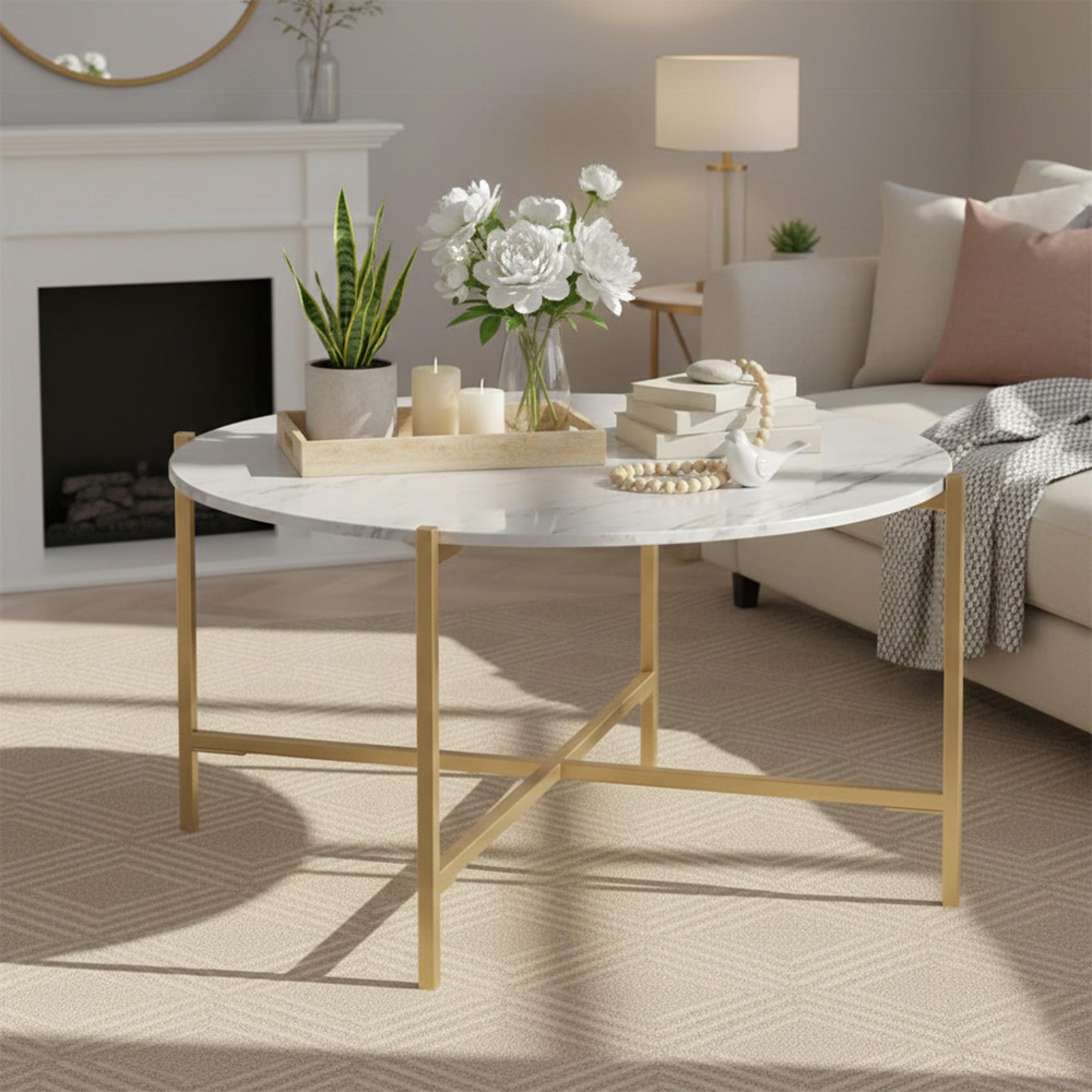 Marmora Coffee Table - Round - White Marble & Gold
