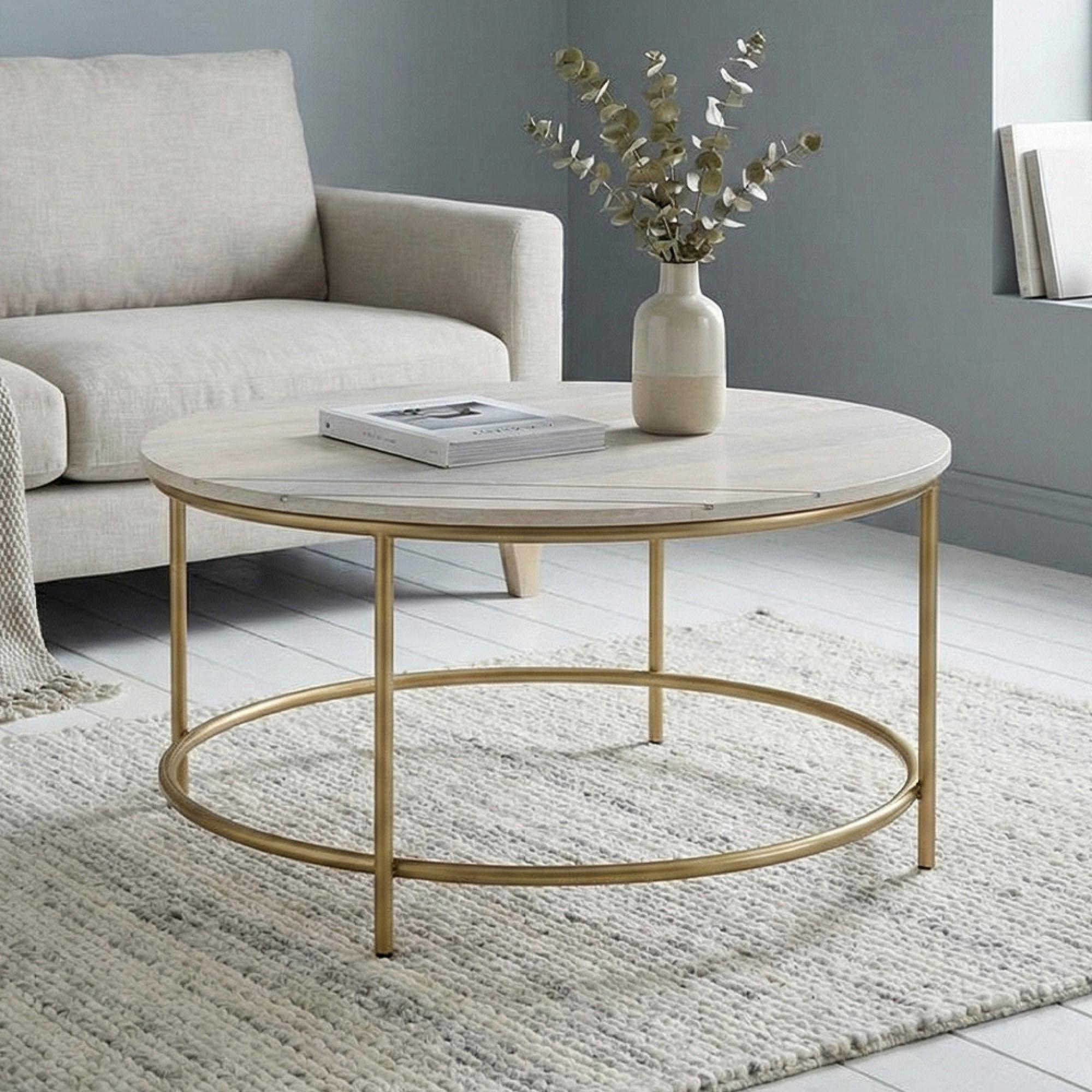 Buxton Coffee Table - Round - Pale Acacia Wood and Gold