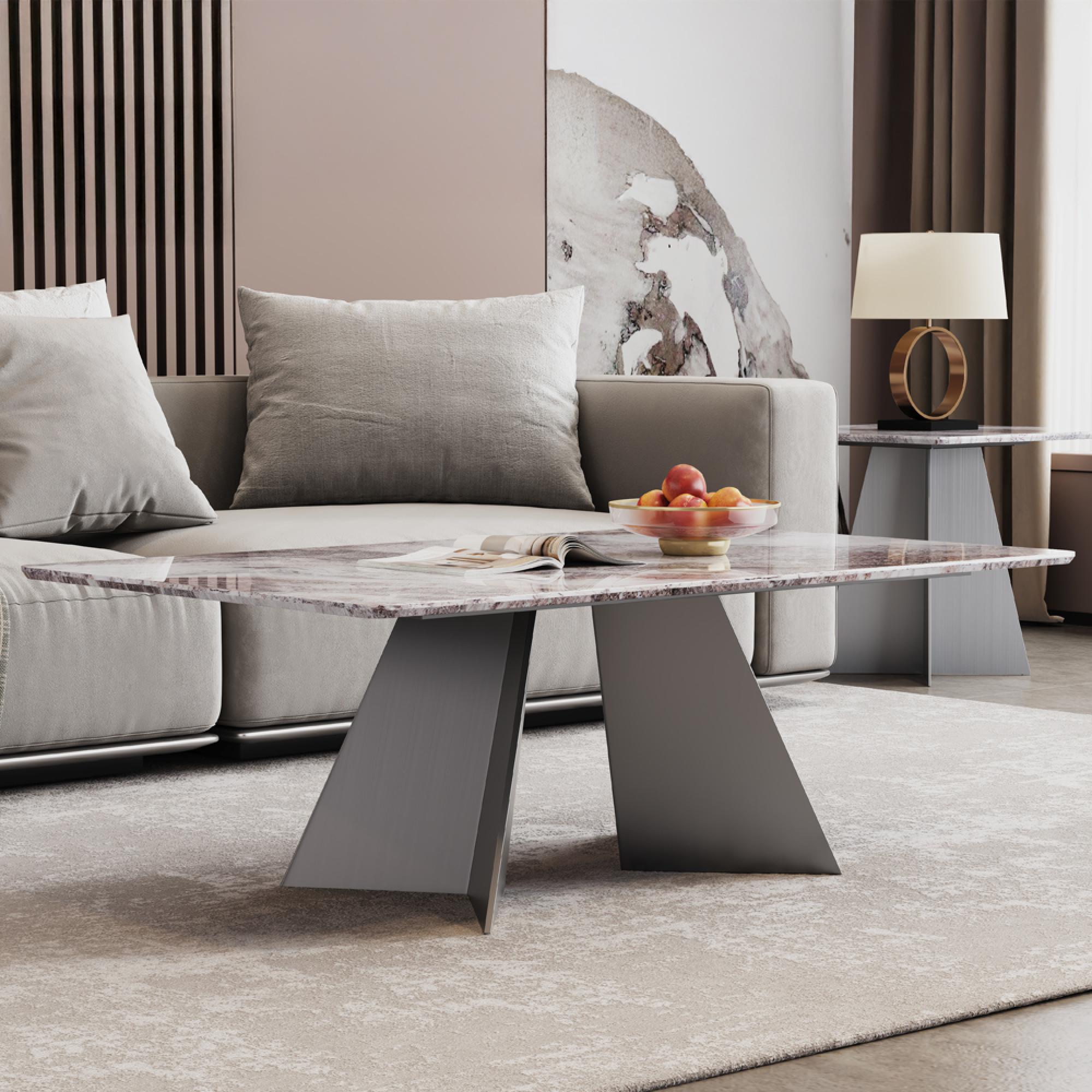 Taurus Coffee Table - Beige Marble - Dark Grey Base