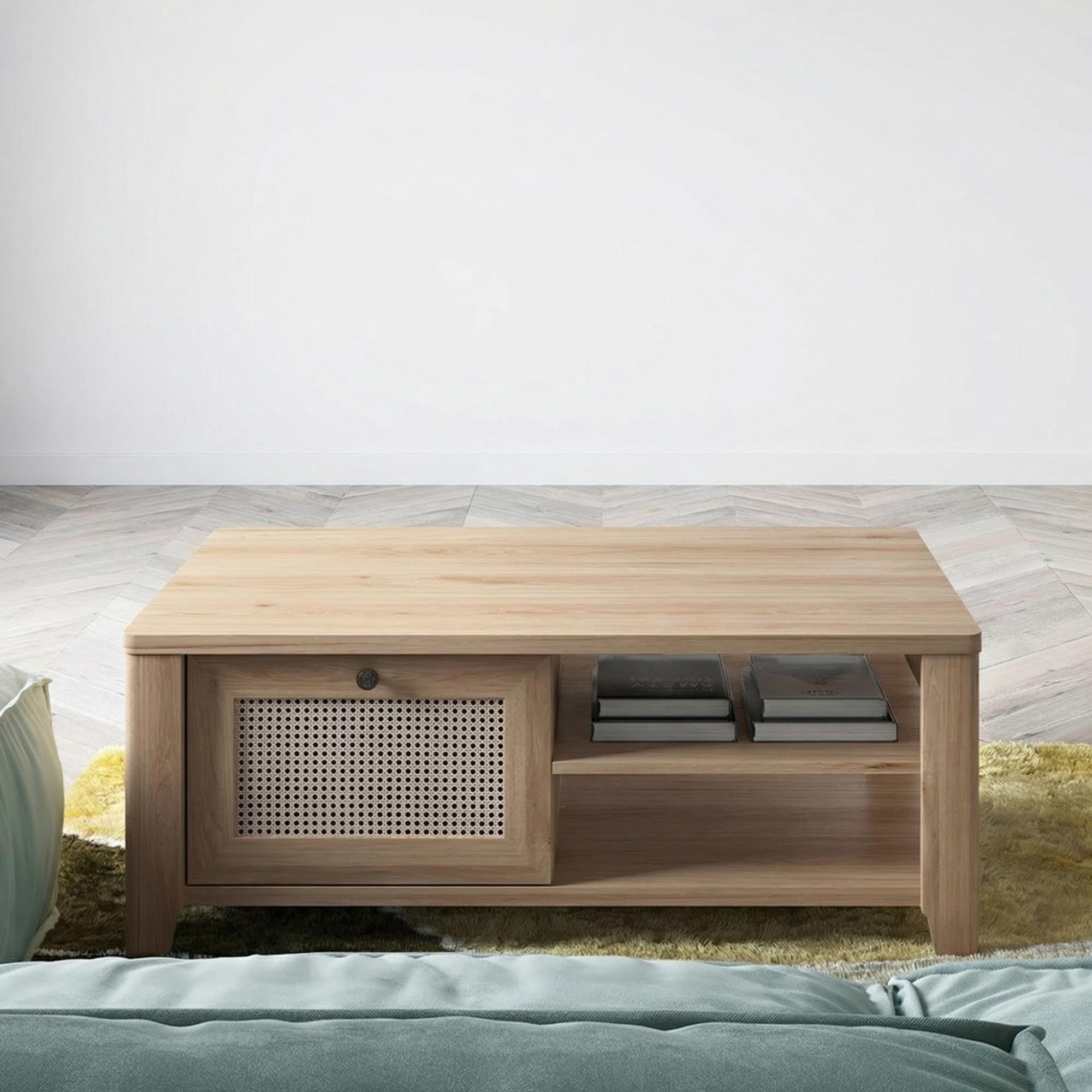 Cestino Coffee Table - 1 Drawer - Oak and Rattan