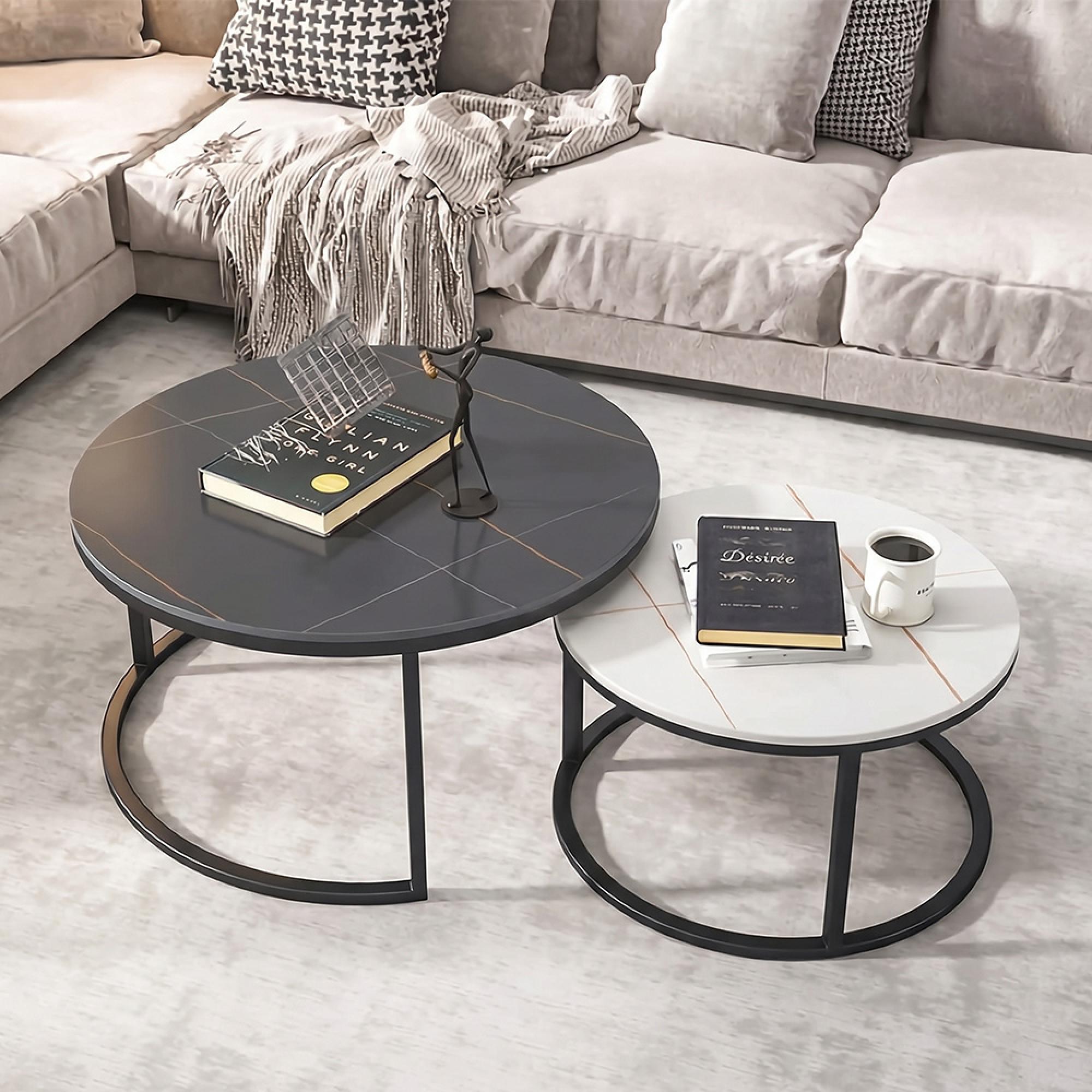 Ferrante Coffee Tables - Set of 2 - Round - White and Black Sintered Stone