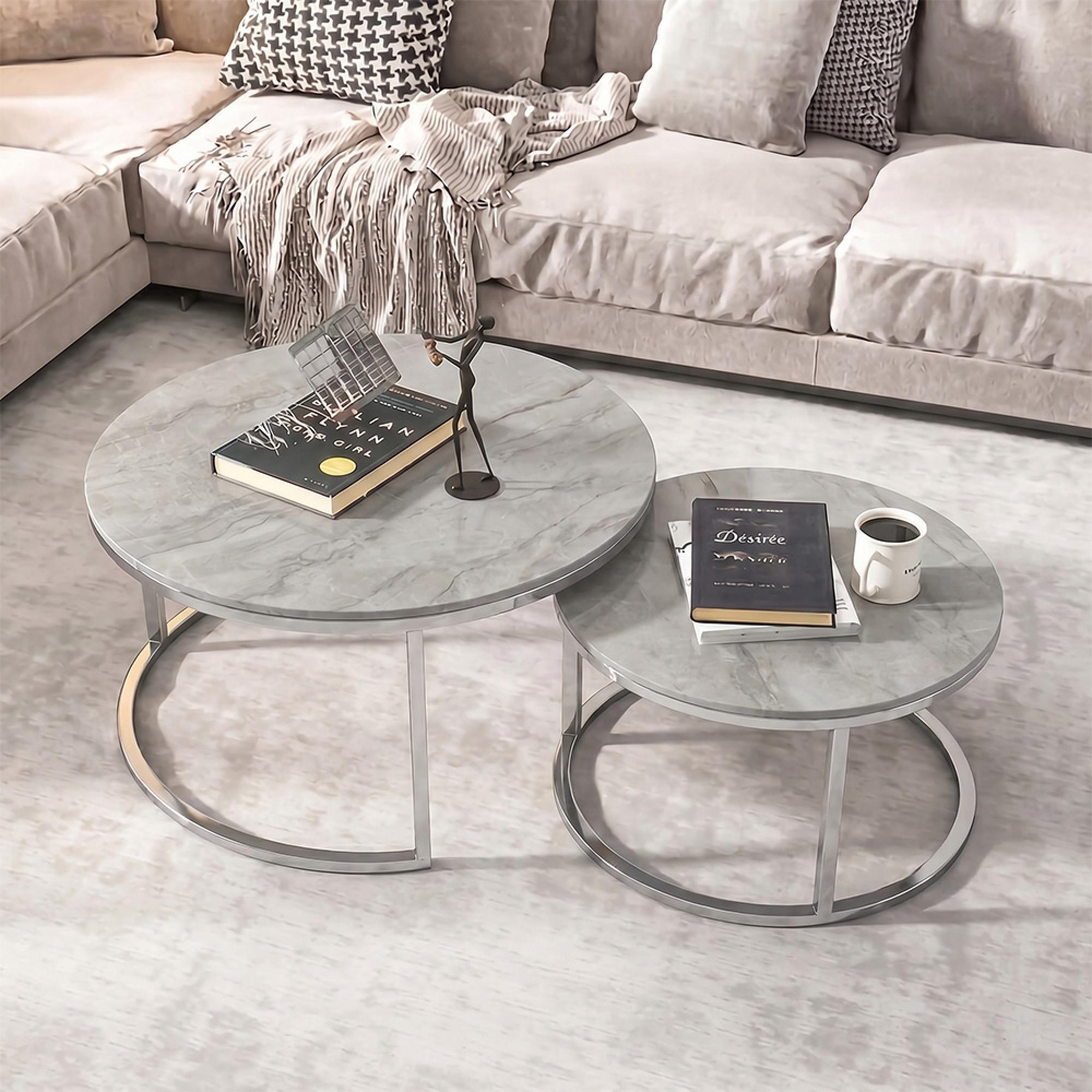 Hanson Coffee Tables - Set of 2 - Round - Sintered Stone and Chrome