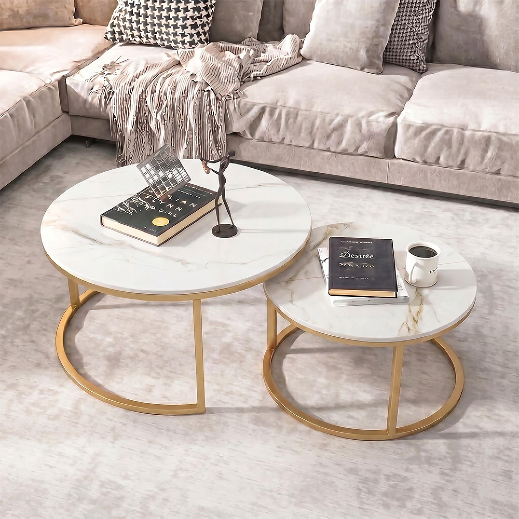 Portafino Coffee Tables - Set of 2 - Round - Kass Gold Marble Effect and Gold
