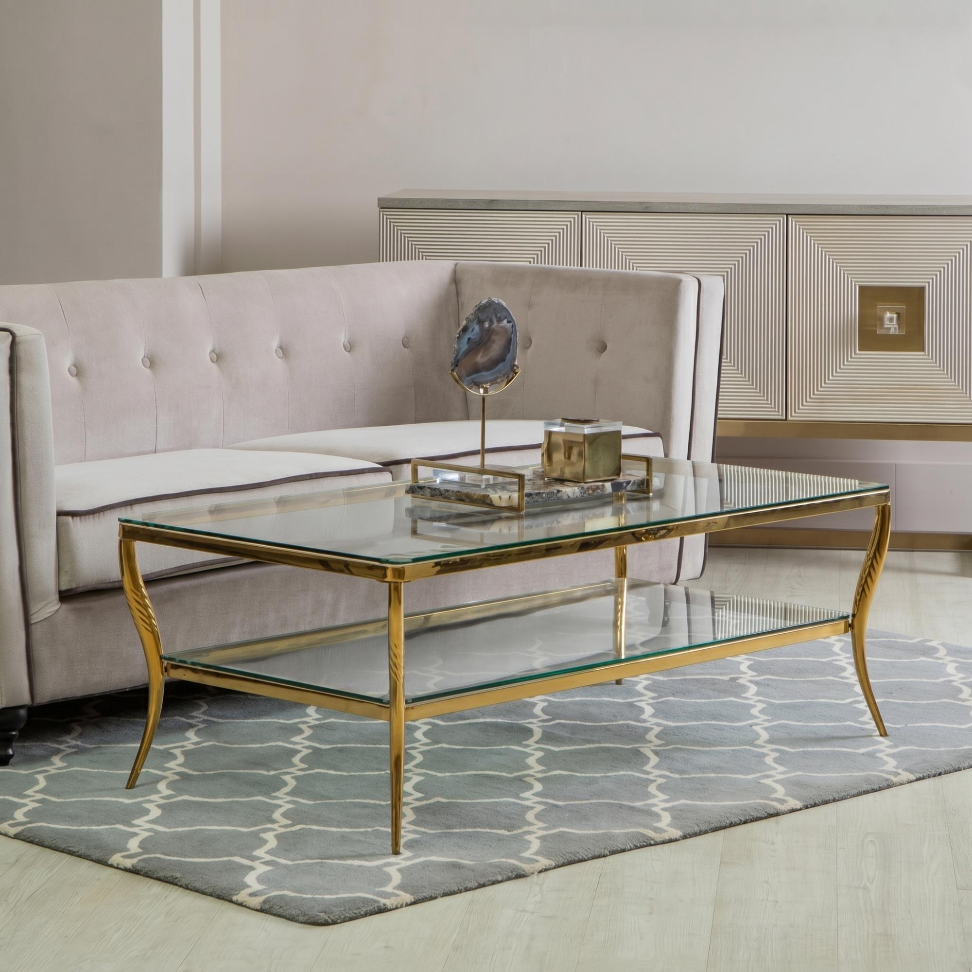 Arezzo Coffee Table - Clear Glass with Gold Metal Base - with Shelf