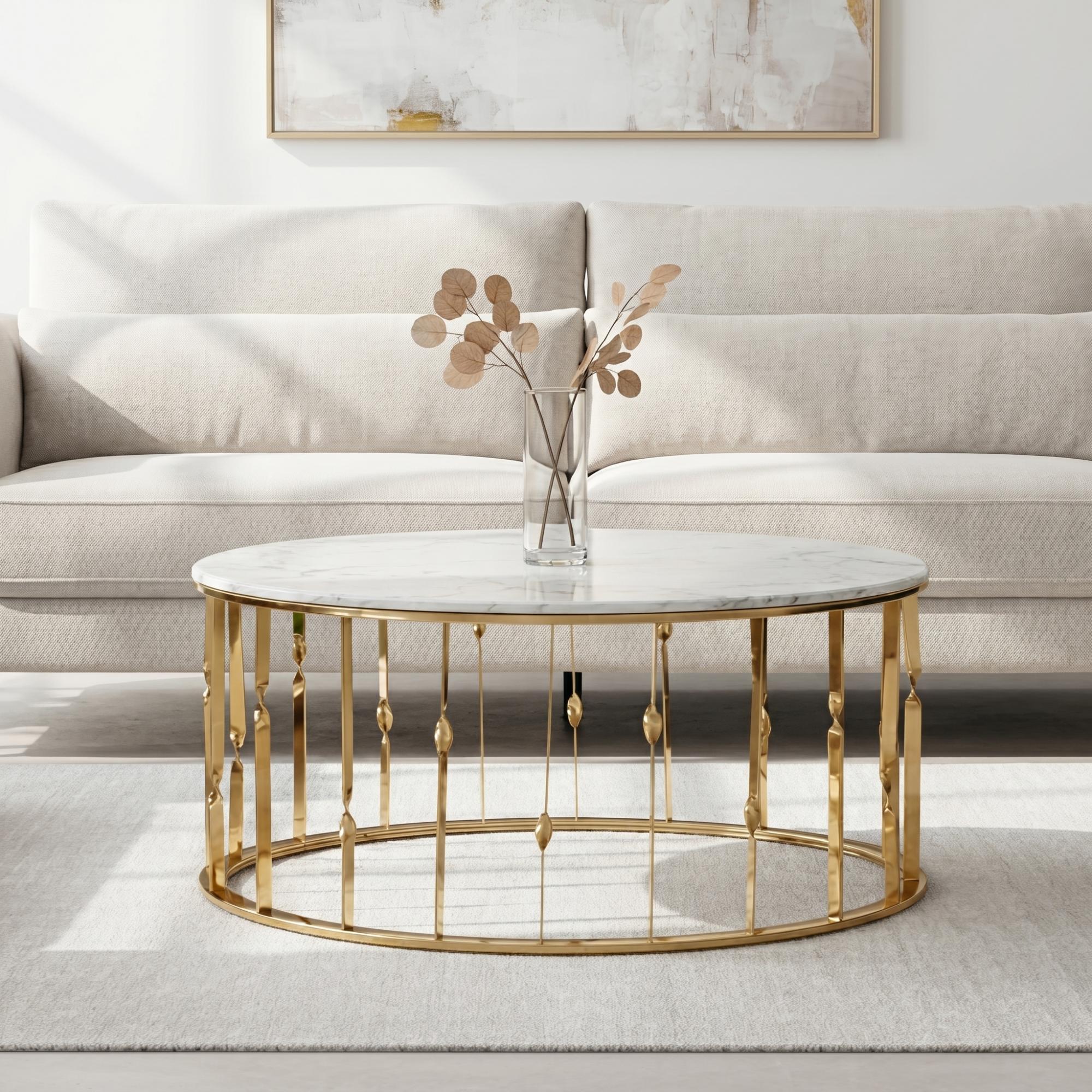 Arezzo Coffee Table - Oval - White Glass and Gold Metal