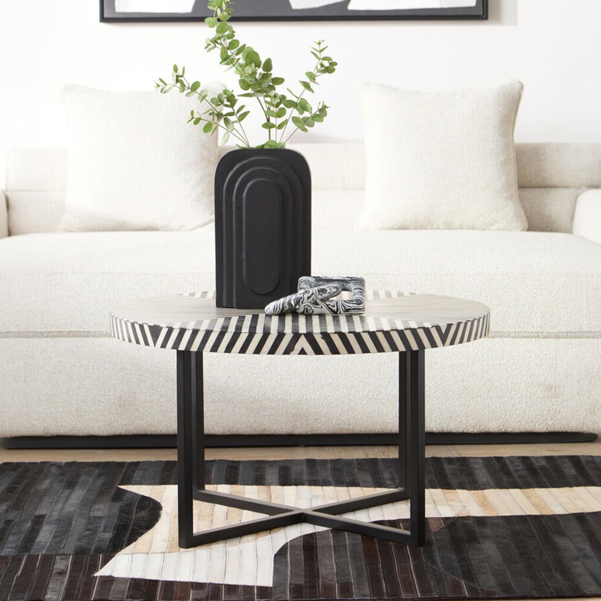 Boho Coffee Table - Black Bone Inlay - Round with Cross Base