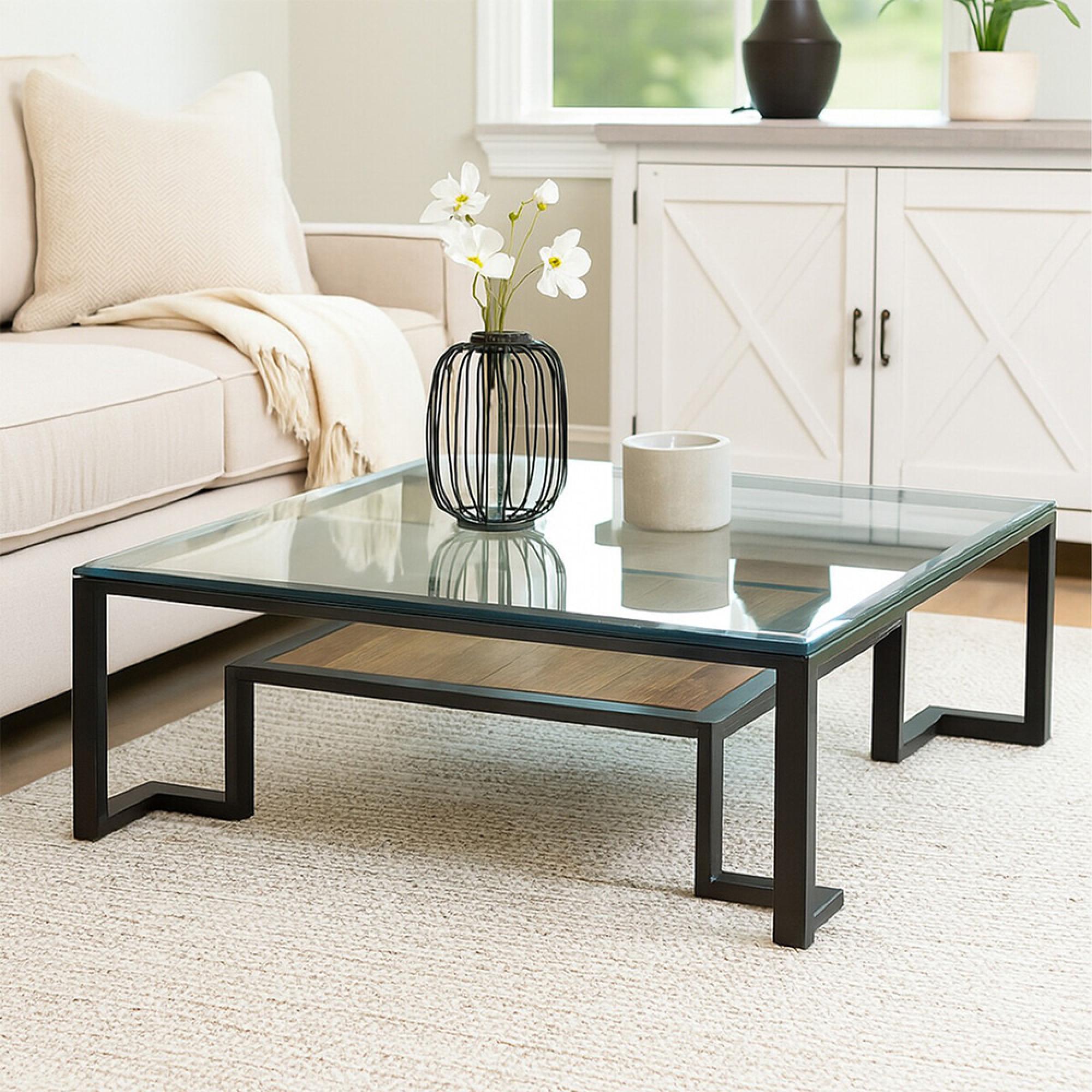 Cibo Coffee Table - Square - Clear Glass with Black Metal - with Shelf