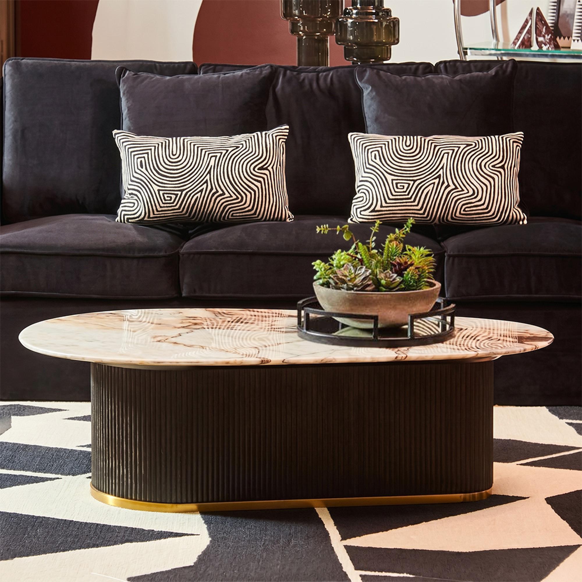 Doha Coffee Table - White Marble Oval with Black Fluted Base