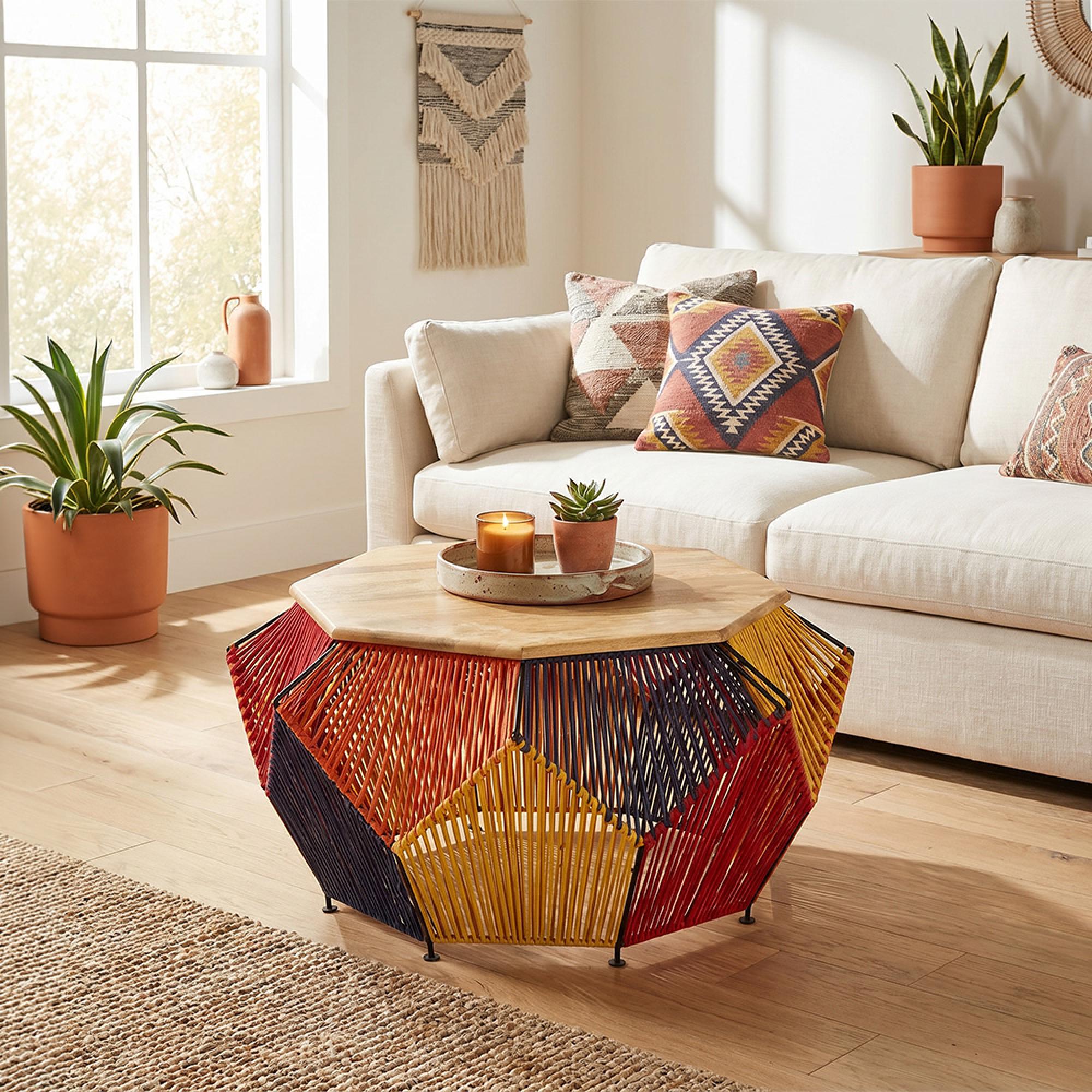 Fusion Coffee Table - Mango Wood with Multicoloured Woven Hexagonal Design