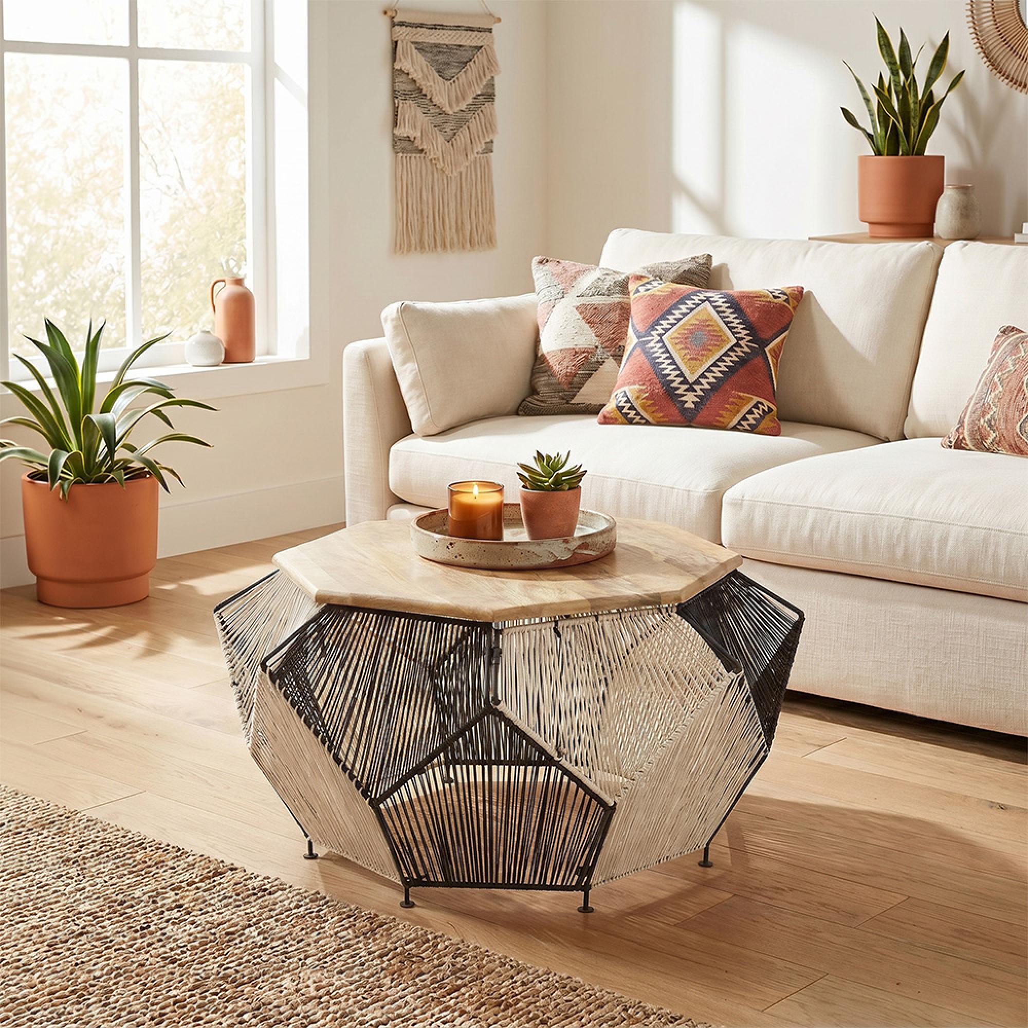 Fusion Coffee Table - Mango Wood with Woven Hexagonal Design