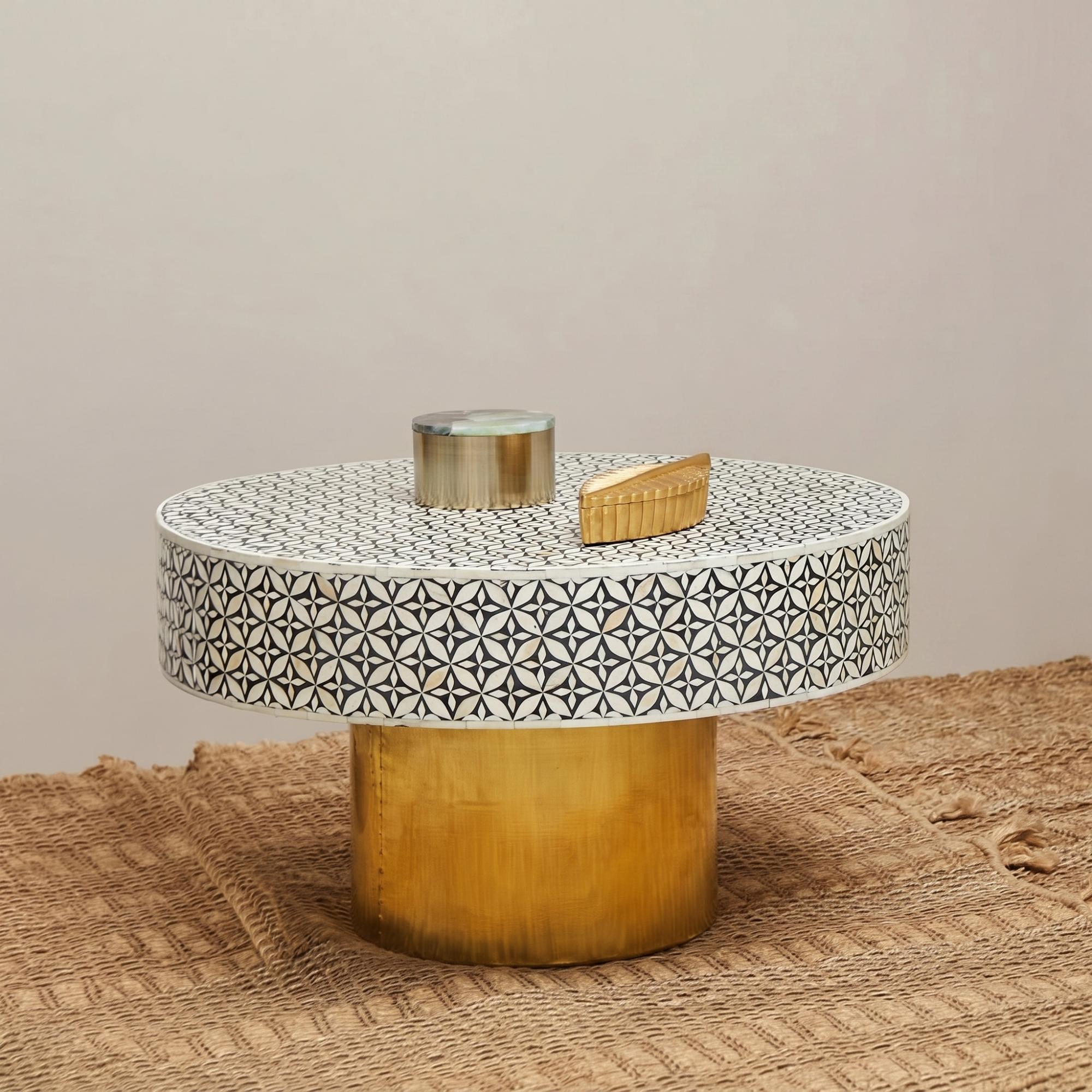 Fusion Coffee Table - White Bone Inlay - Round with Gold Base
