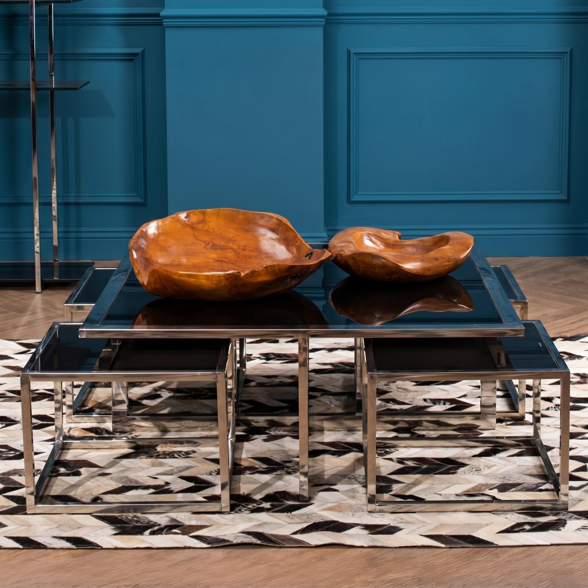 Horizon Coffee Table Set - Square - Black Glass with Silver Metal