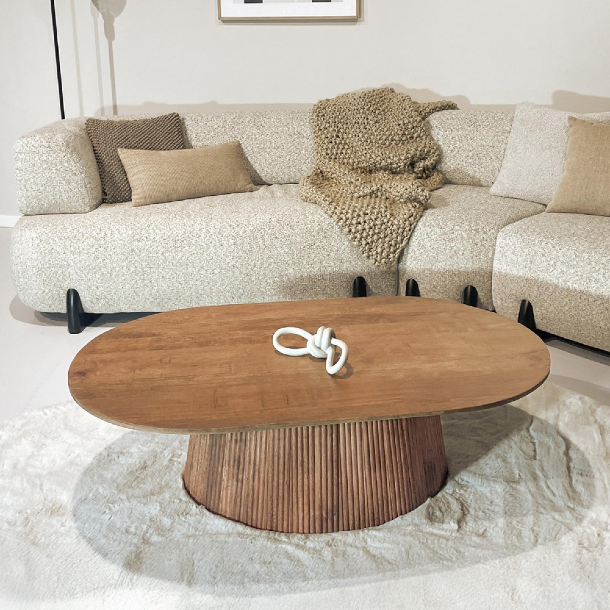 Salvator Curved Fluted Coffee Table - Oval - Natural - Mango Wood