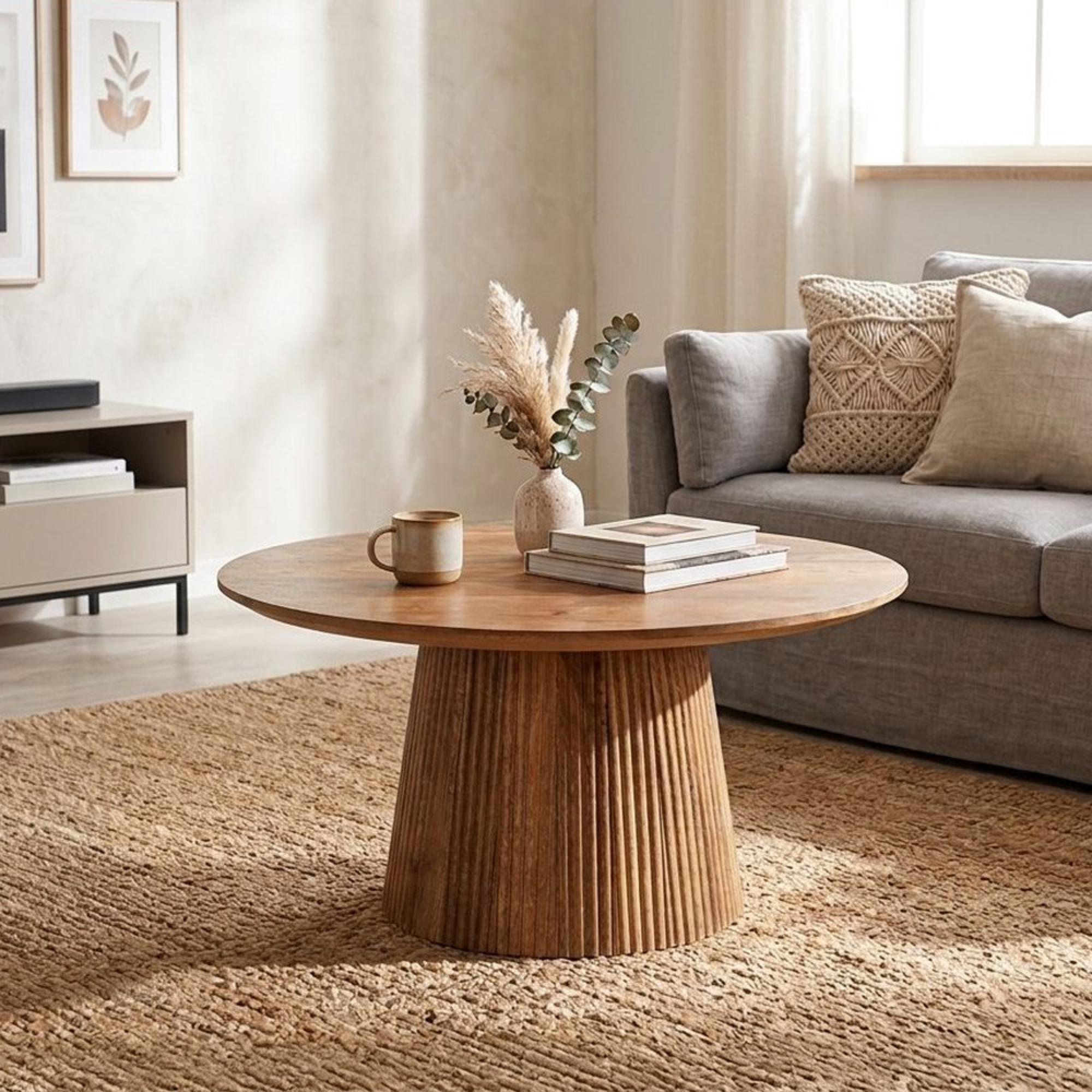 Salvator Curved Fluted Coffee Table - Round - Natural - Mango Wood