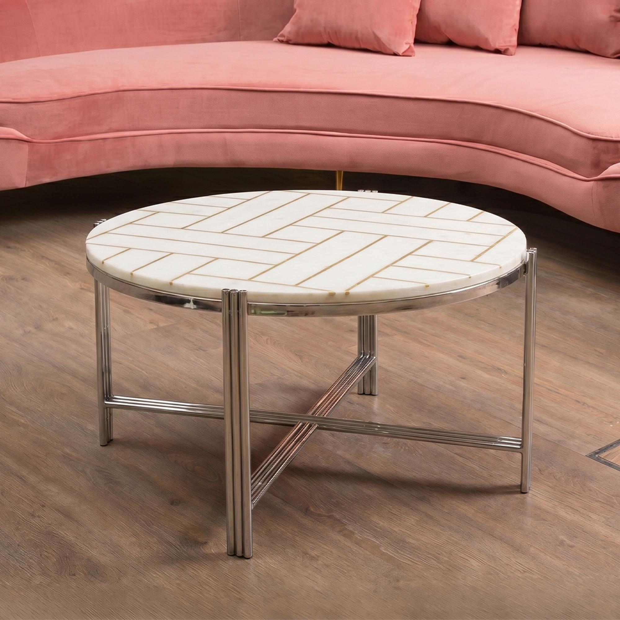Eva Coffee Table - Round - White Marble with Silver Metal