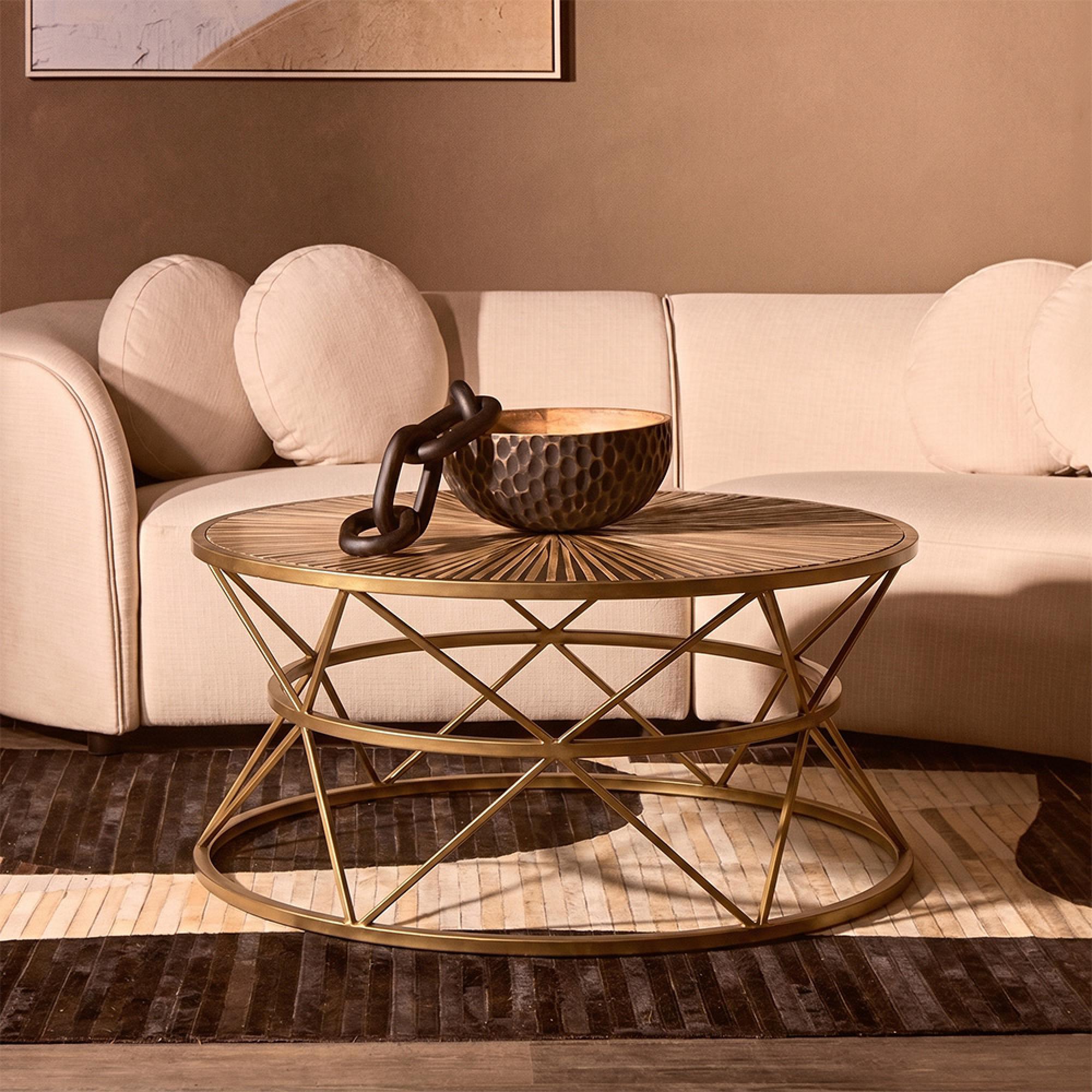 Jodi Coffee Table - Round - Elm Wood and Gold Metal