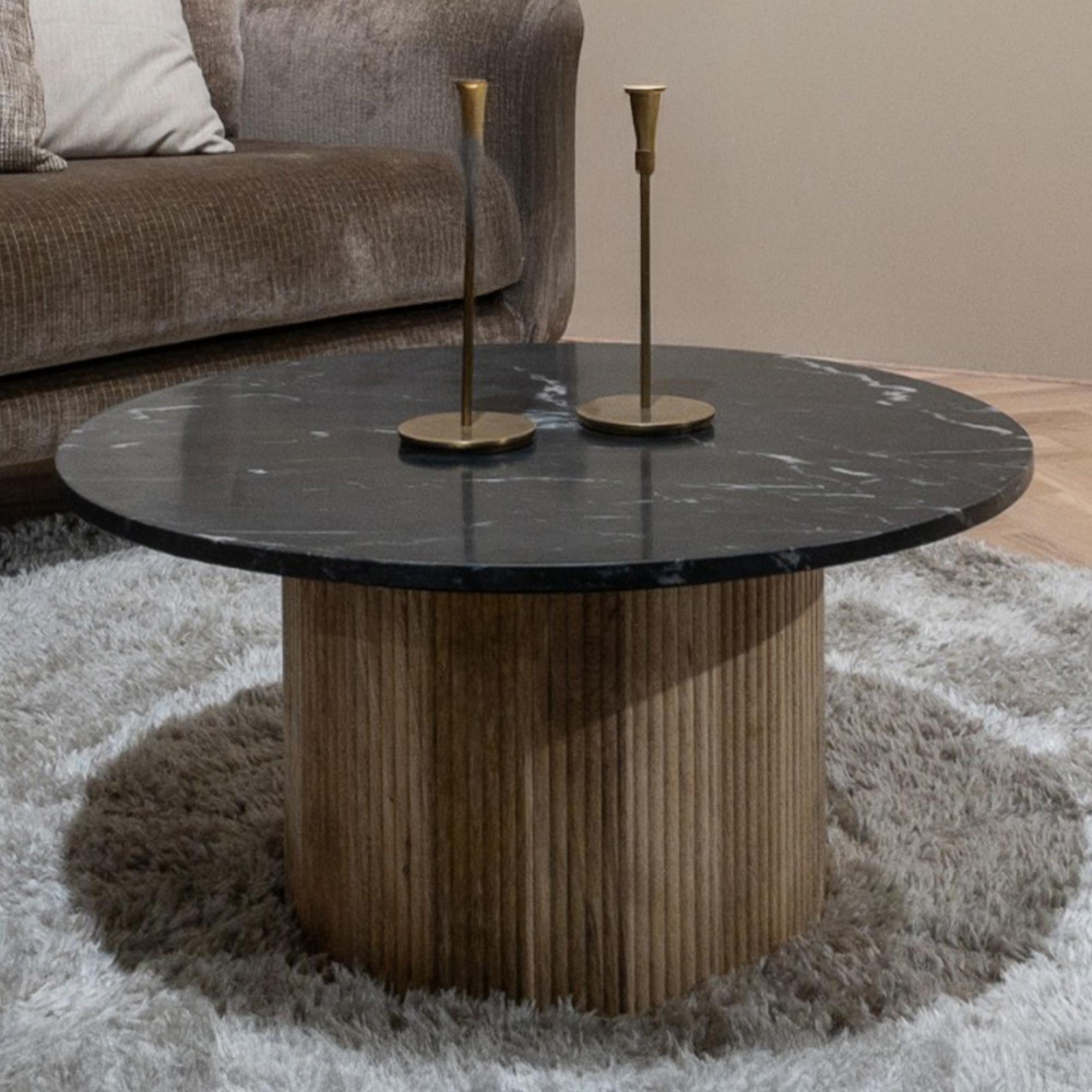 Brix Nova Coffee Table - Round - Fluted Base - Black - Marble and Mango Wood