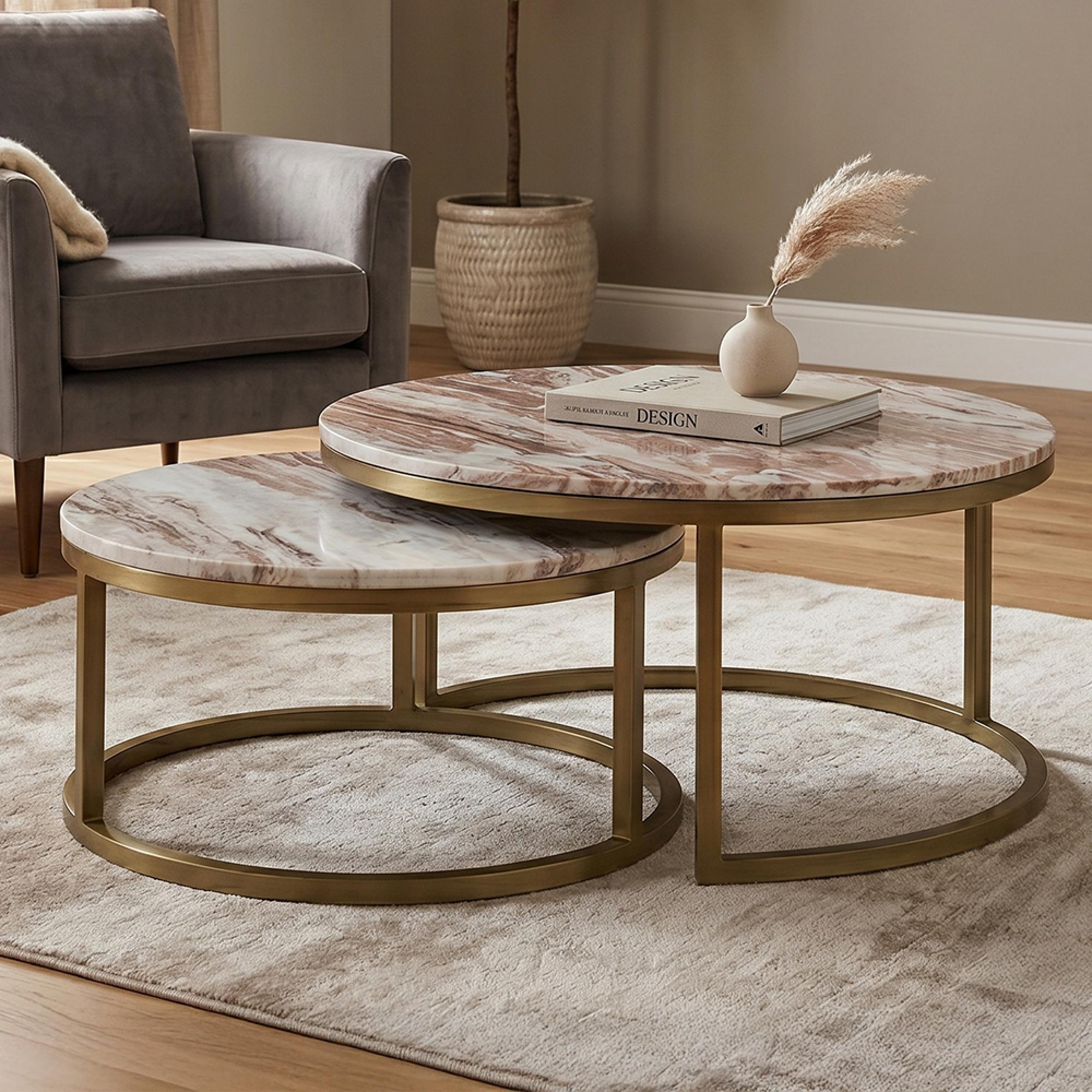 Bottega Coffee Table - Round - 2 Tier - Blush Beige - Marble and Metal