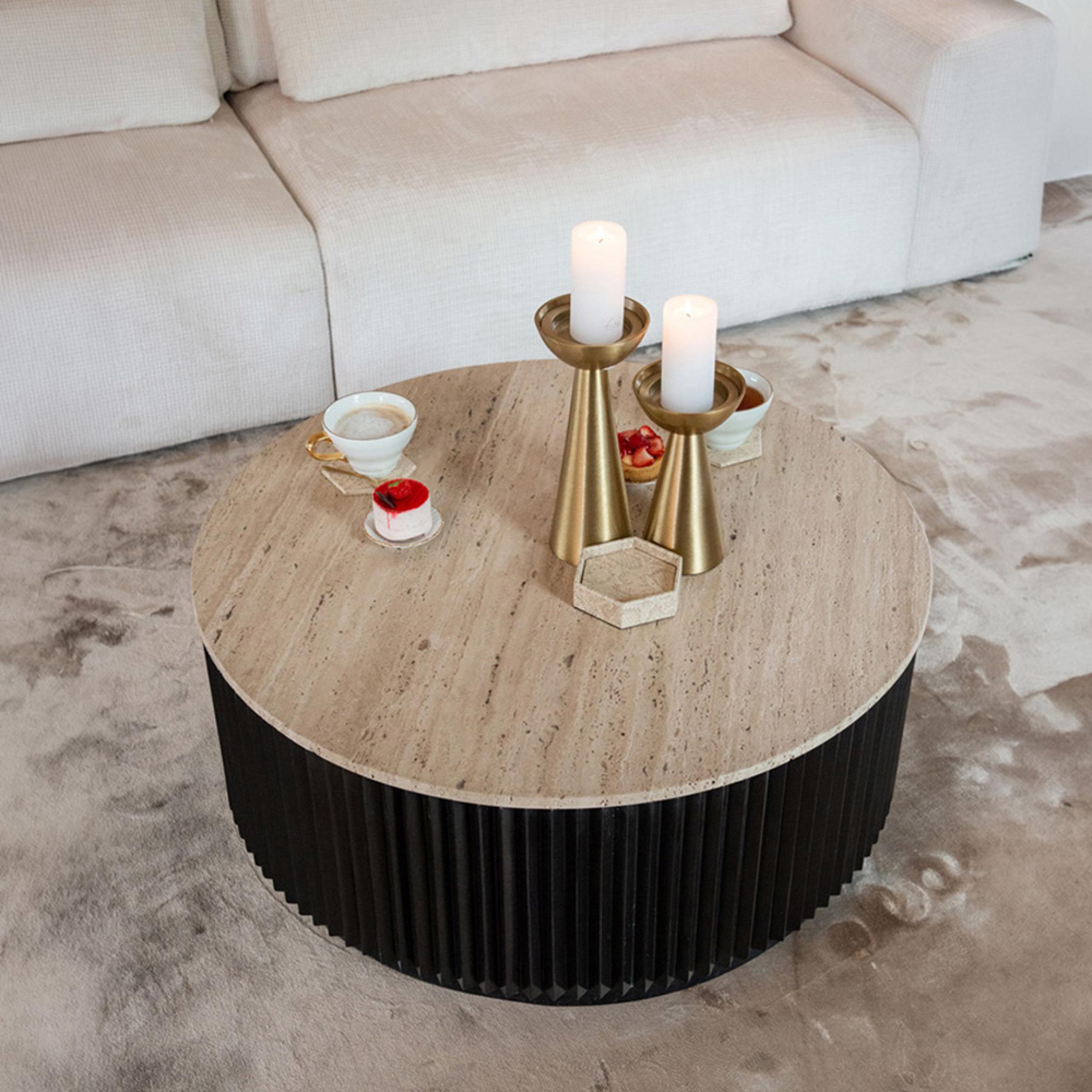 Hampton Travertine Beige Top Round Coffee Table with Black Fluted Base