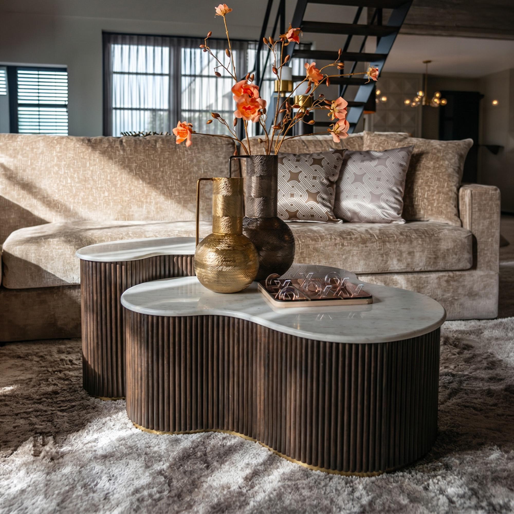 Mayfield White Marble Top 2 Tier Coffee Tables - Dark Wood Fluted Base