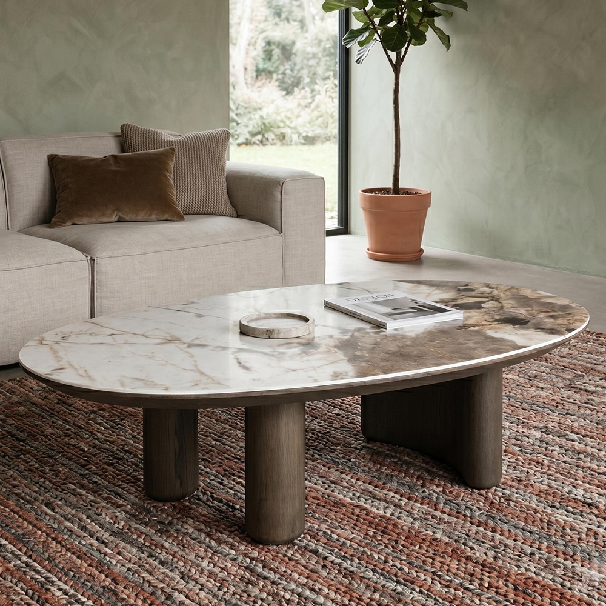 Langford Coffee Table - Low - Oval - Brown - Ceramic and Oak