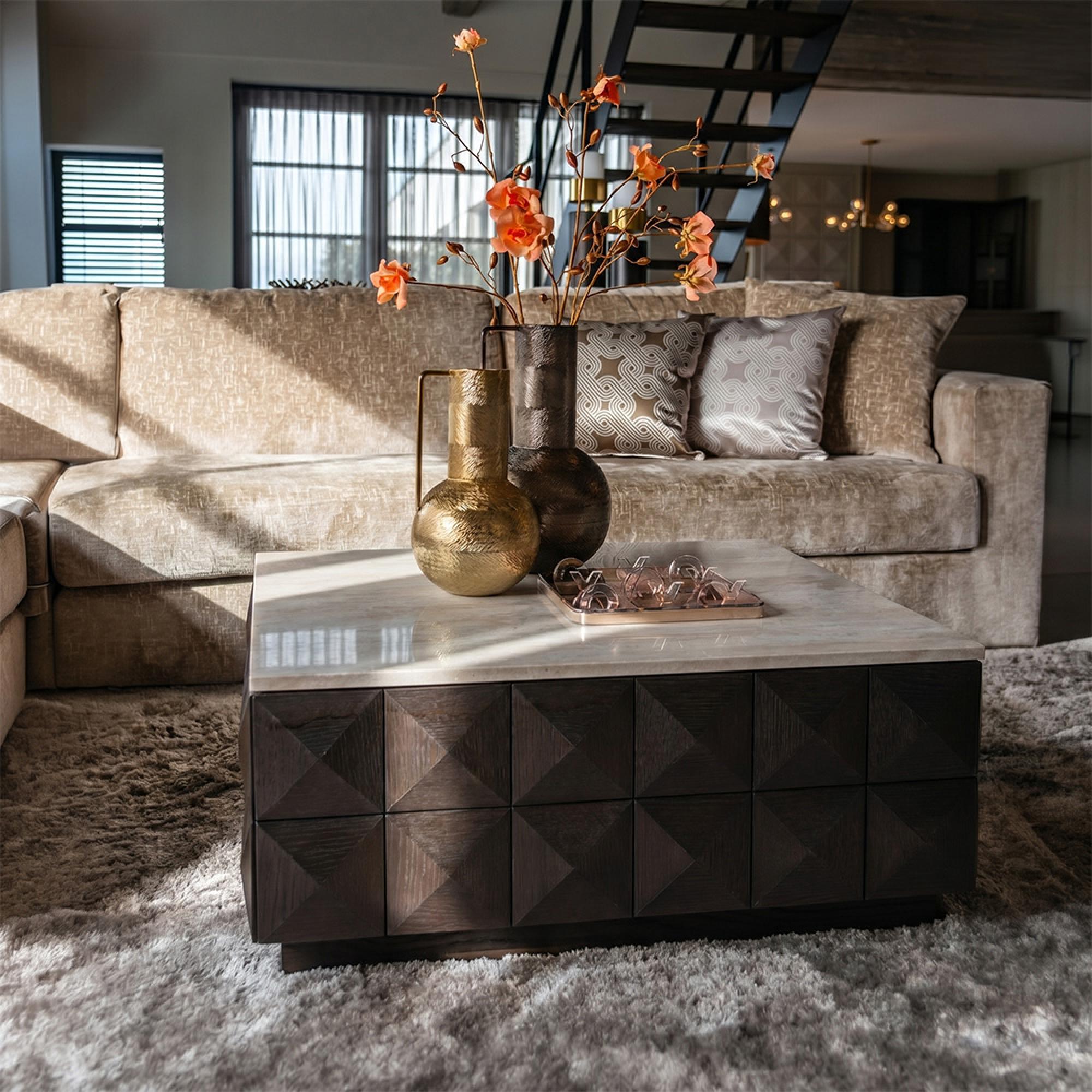 Claremont Dark Wood Square Geometric Coffee Table with Travertine Top