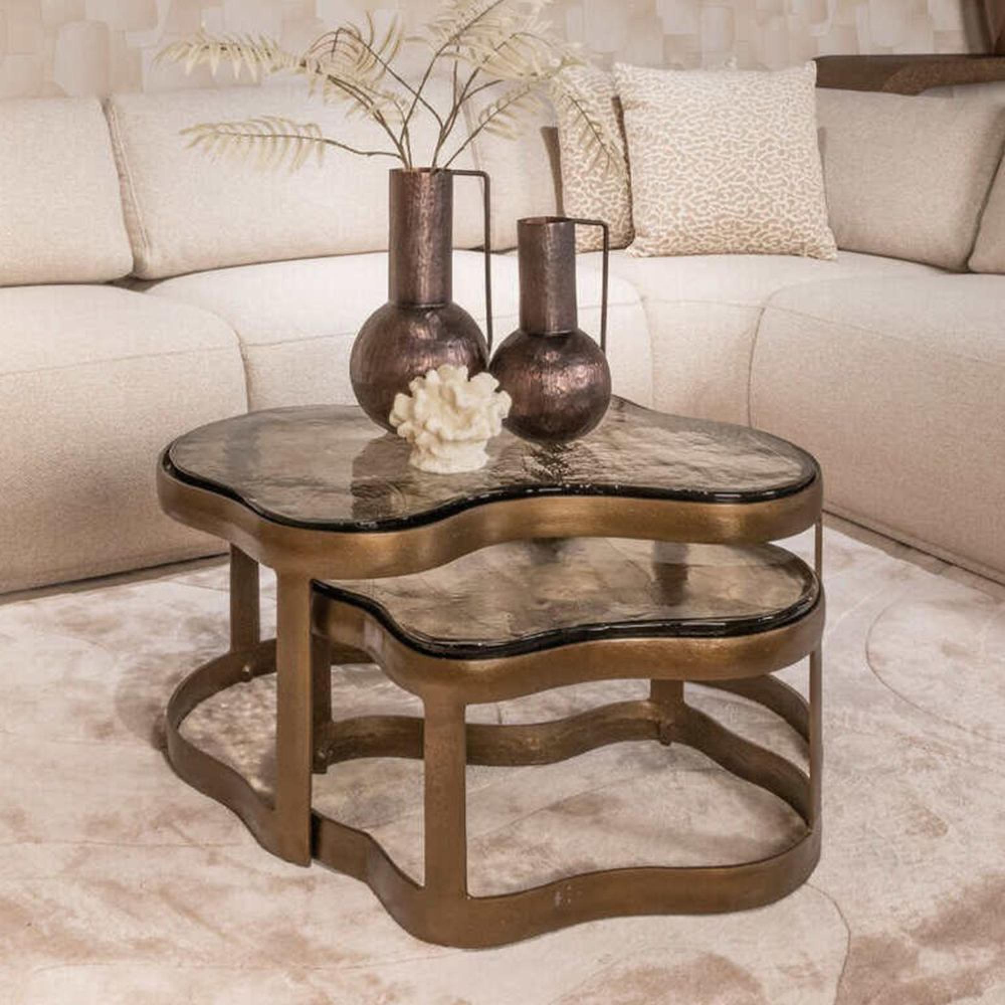 Fairfield Coffee Table - Set of 2 - Abstract - Antique Brass - Glass and Metal