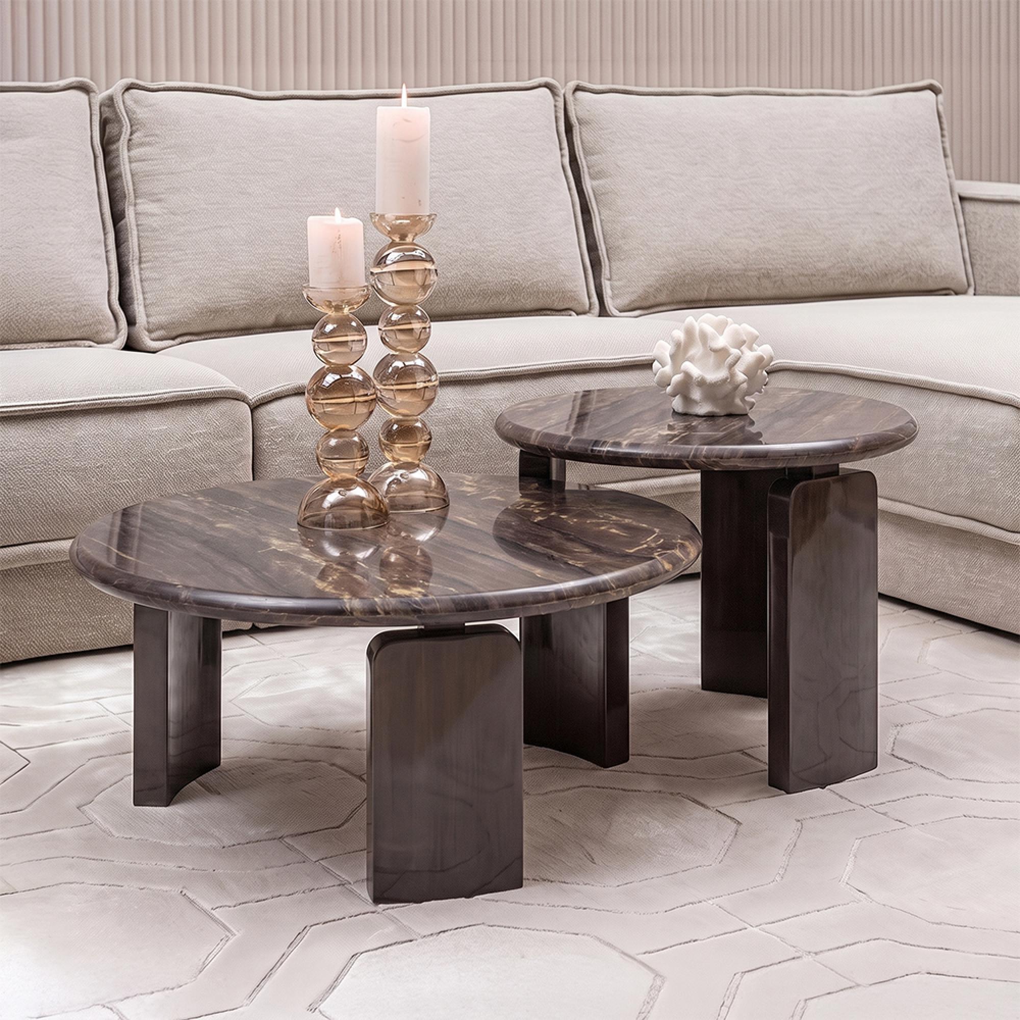 Menton Coffee Table - 2 Tier - Round - Burgundy - Marble and Brass