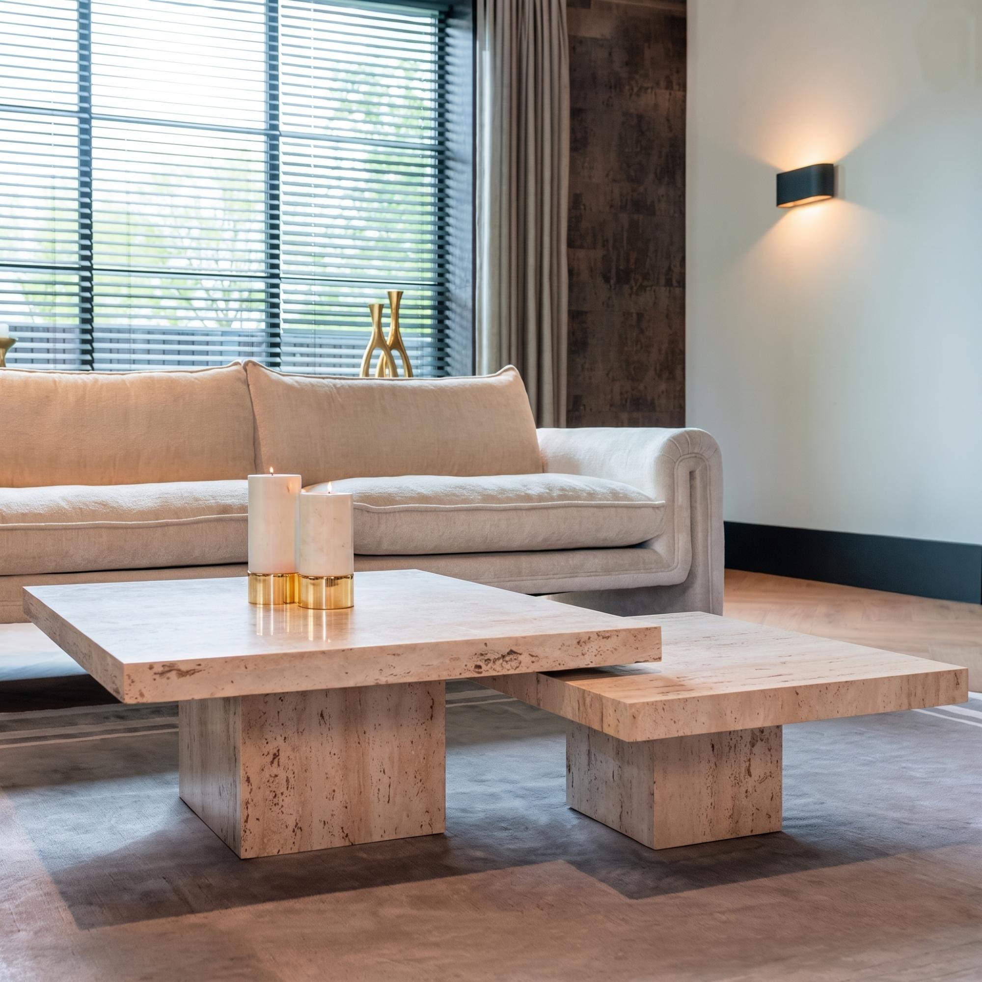 La Cantera Travertine Beige 2 Tier Square Coffee Tables