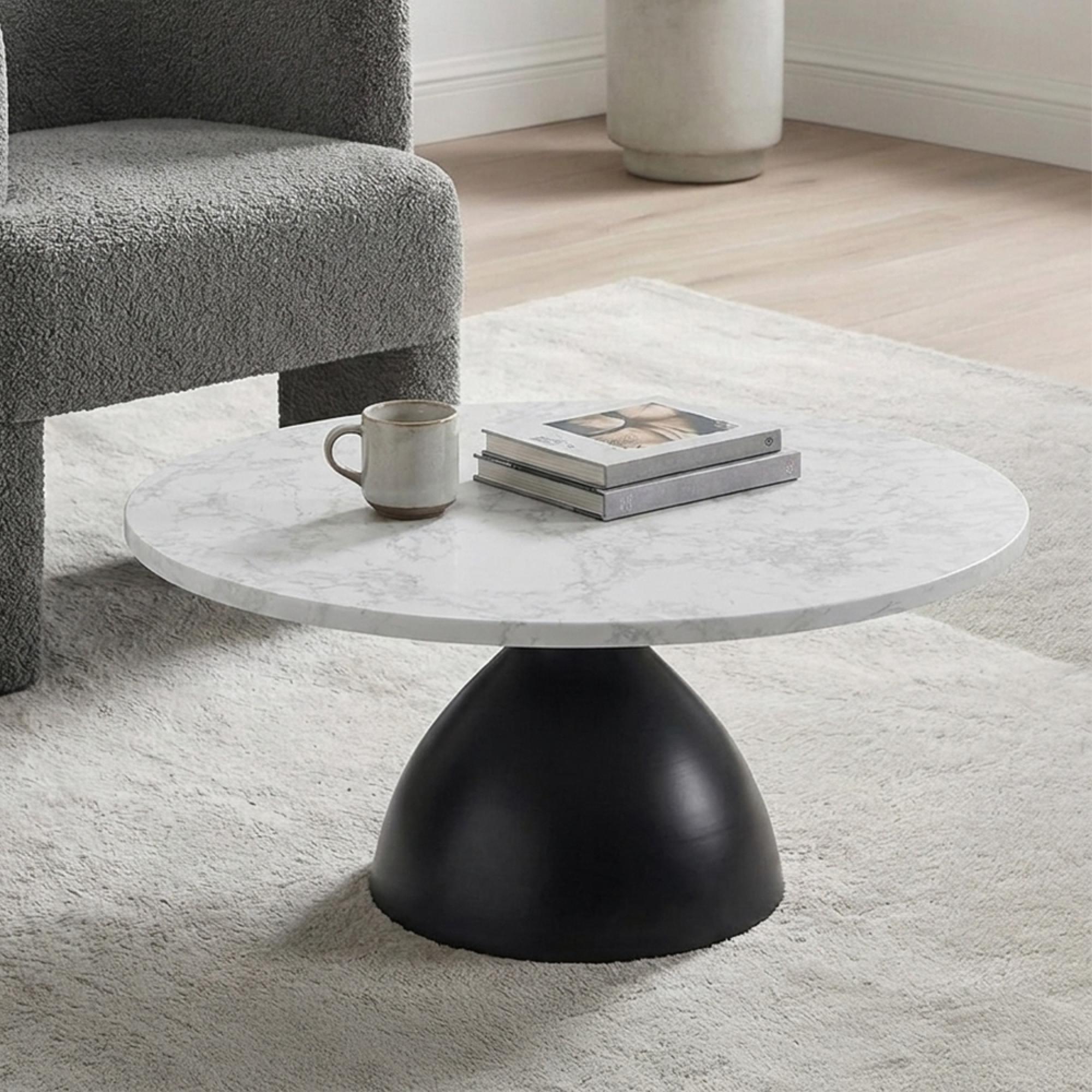Hazel Coffee Table - Round - Column Base - White and Black - Marble Effect and Metal