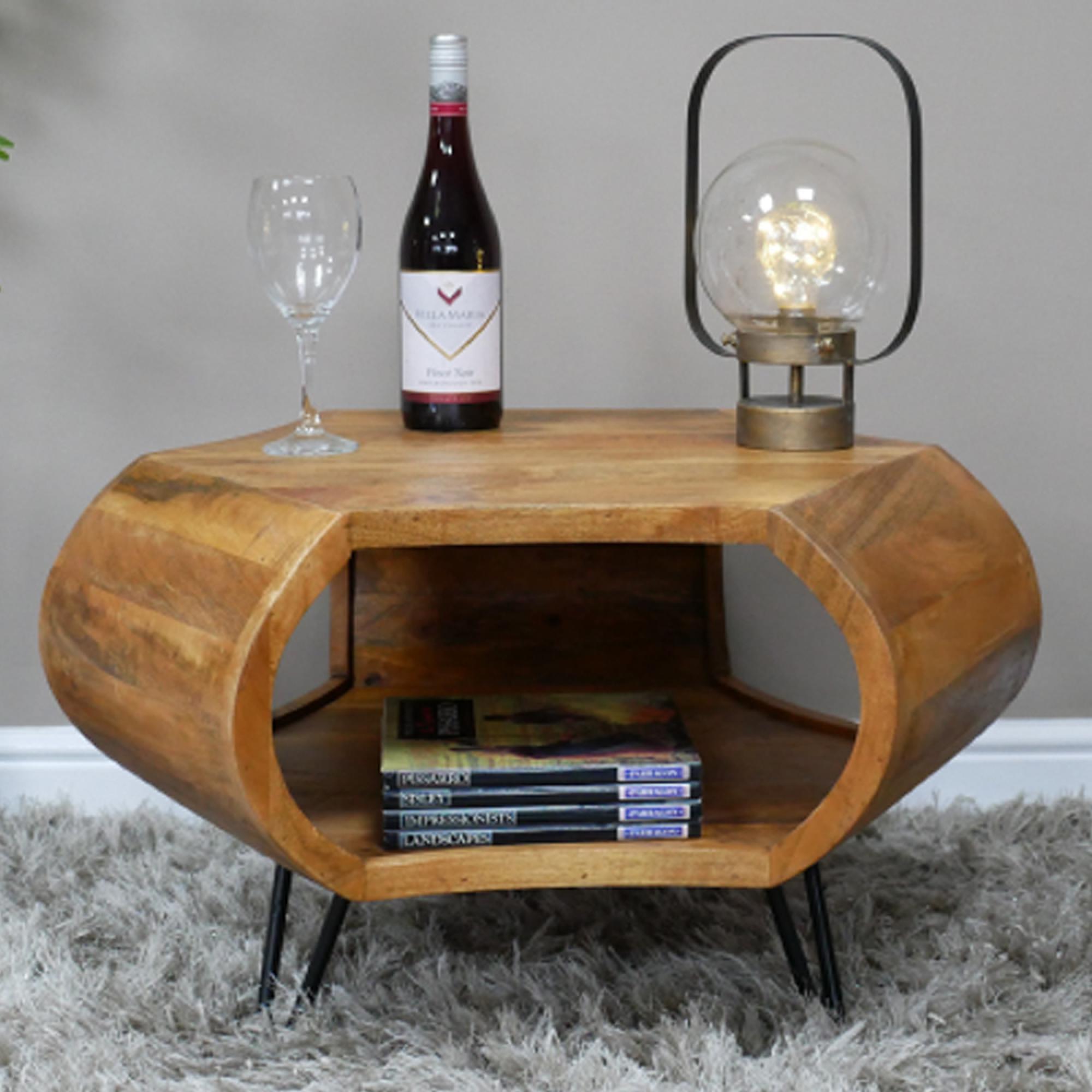 Coffee Table - with Hairpin Leg - Hexagon - Rustic - Mango Wood and Metal