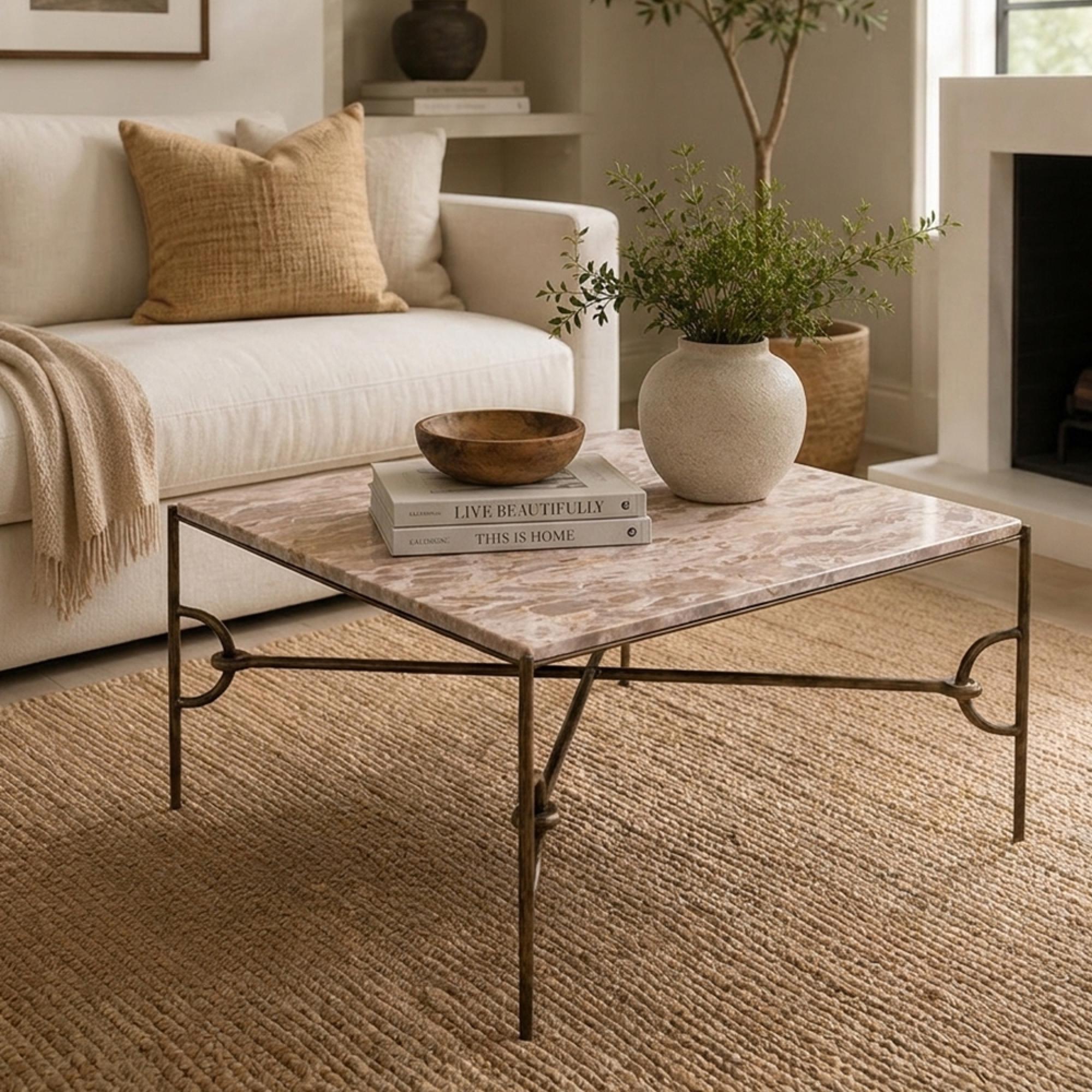 Avola Coffee Table - Square - Natural - Marble and Metal