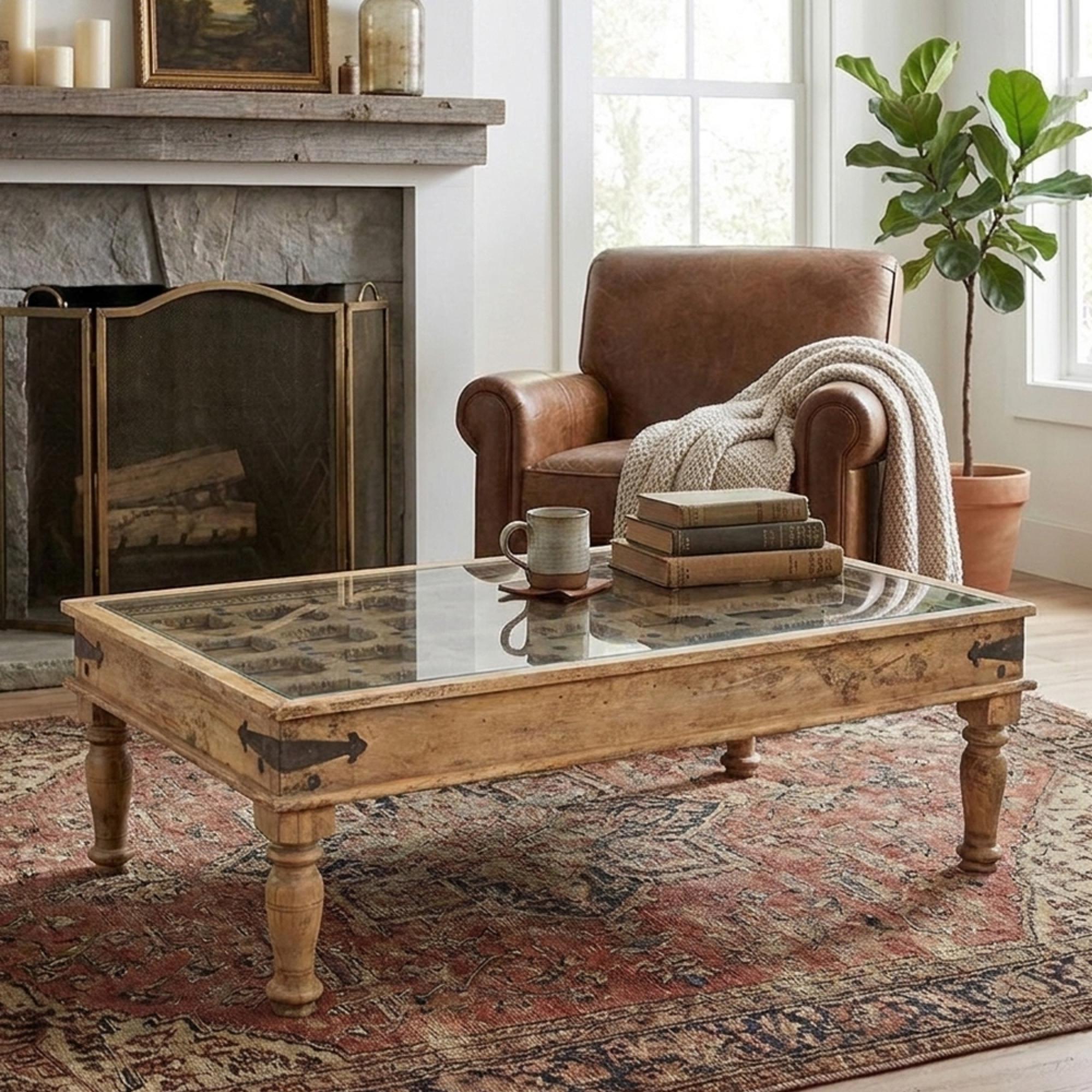 Hand Carved Coffee Table - Rustic - Brown - Glass and Wooden