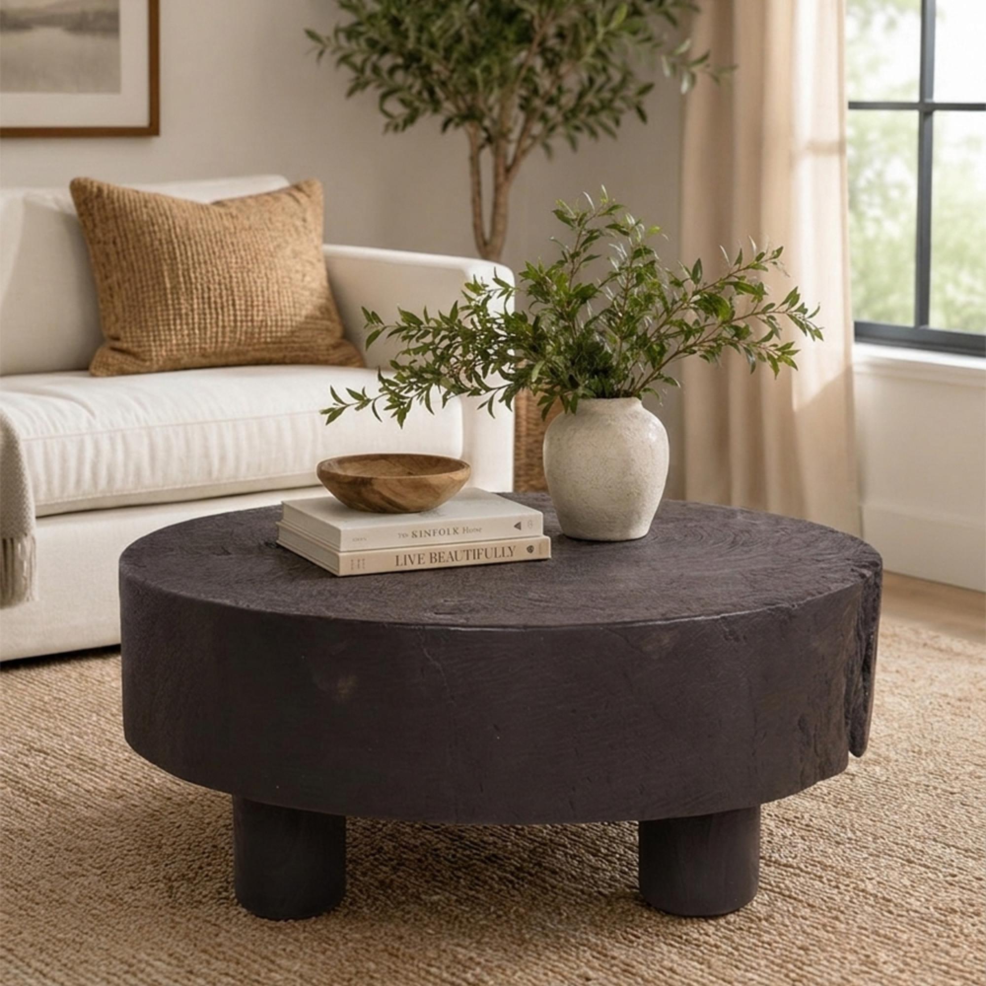 Lychee Coffee Table - Low - Round - Brown - Distressed Wood
