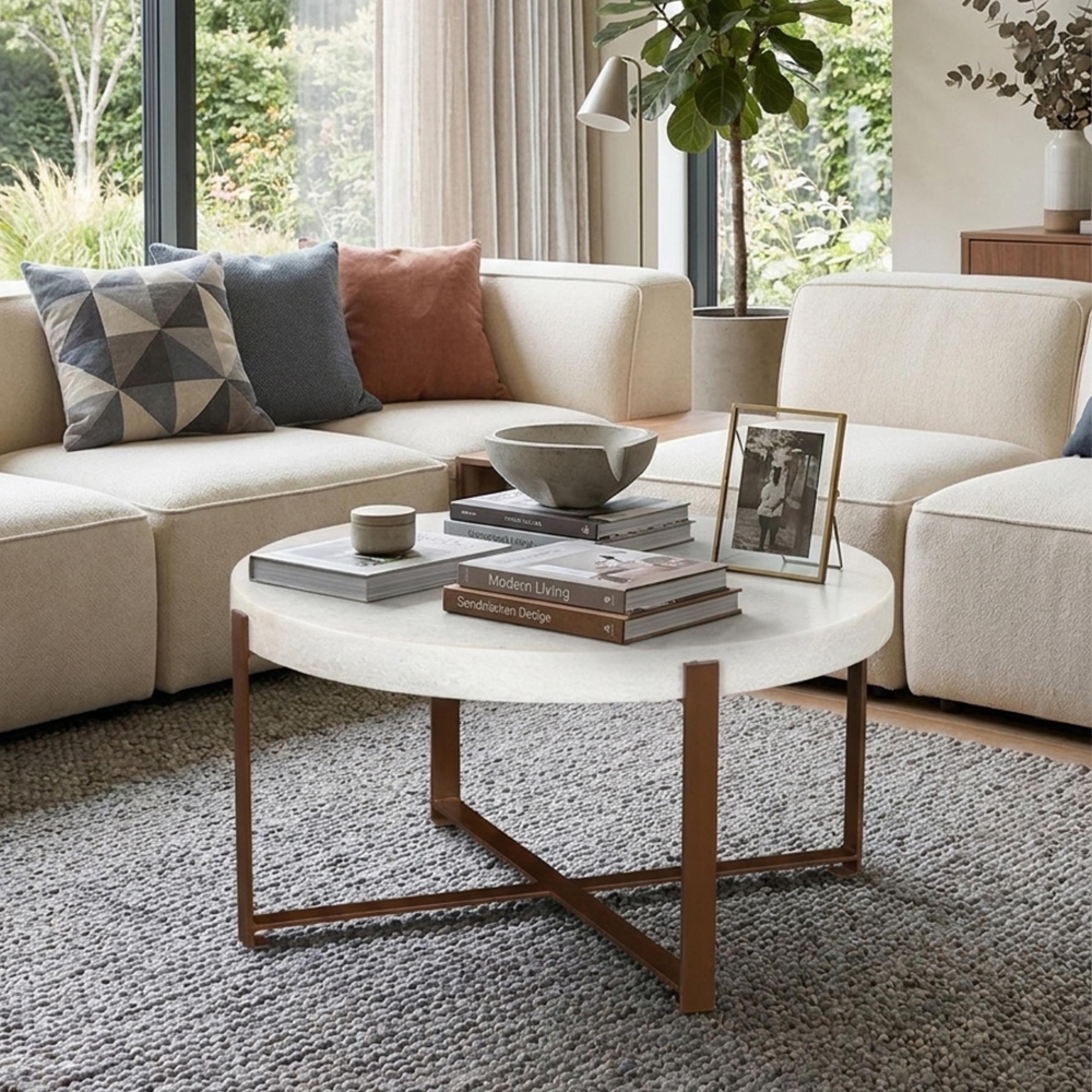 Zoe Coffee Table - Round - White and Brown - Marble and Metal