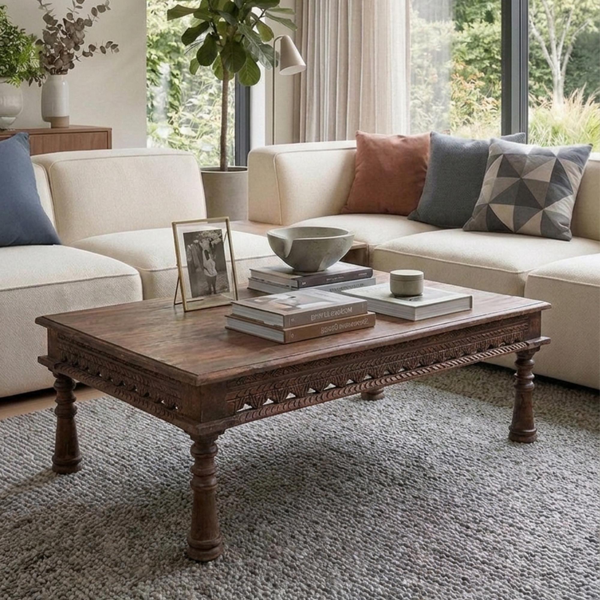 Carved Coffee Table - Brown - Wooden
