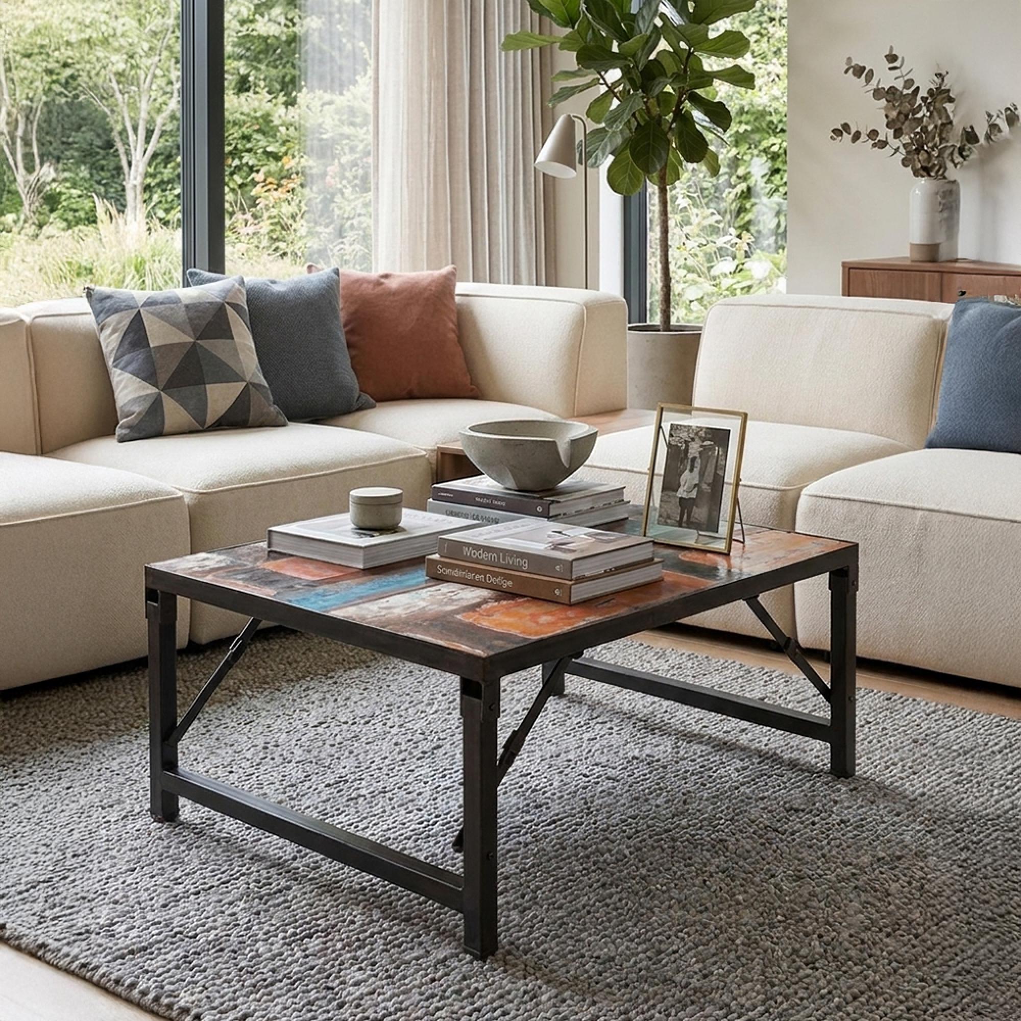 Industrial Coffee Table - Multi Colored - Teak Wood and Metal