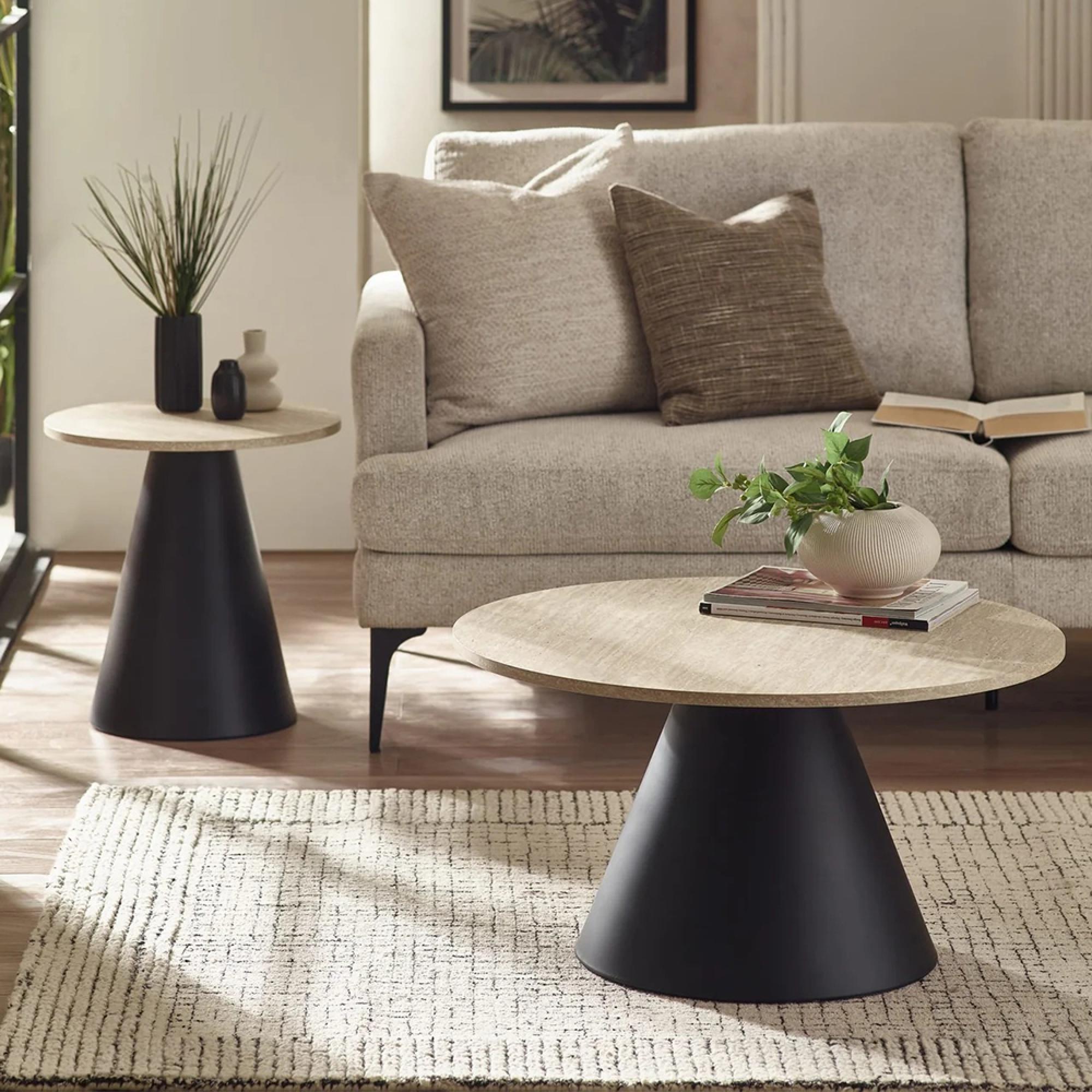 Elgon Coffee and Lamp Table Set - Round - Brown and Black - Travertine Effect and Metal