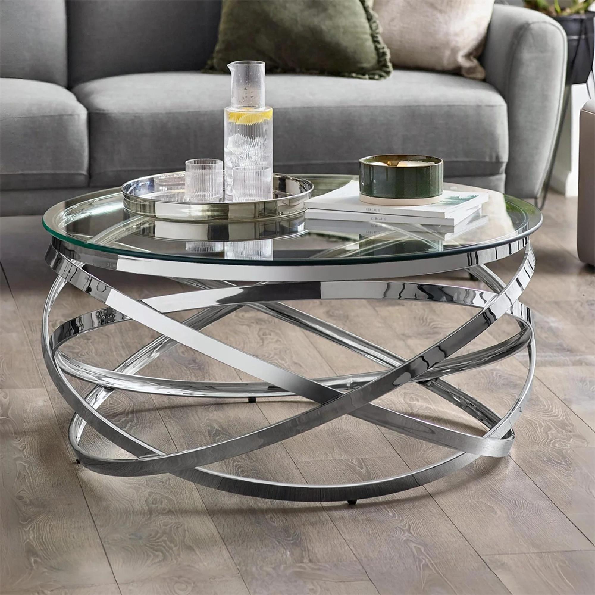 Vienna Coffee Table - Round - Swirl Base - Silver - Glass and Metal