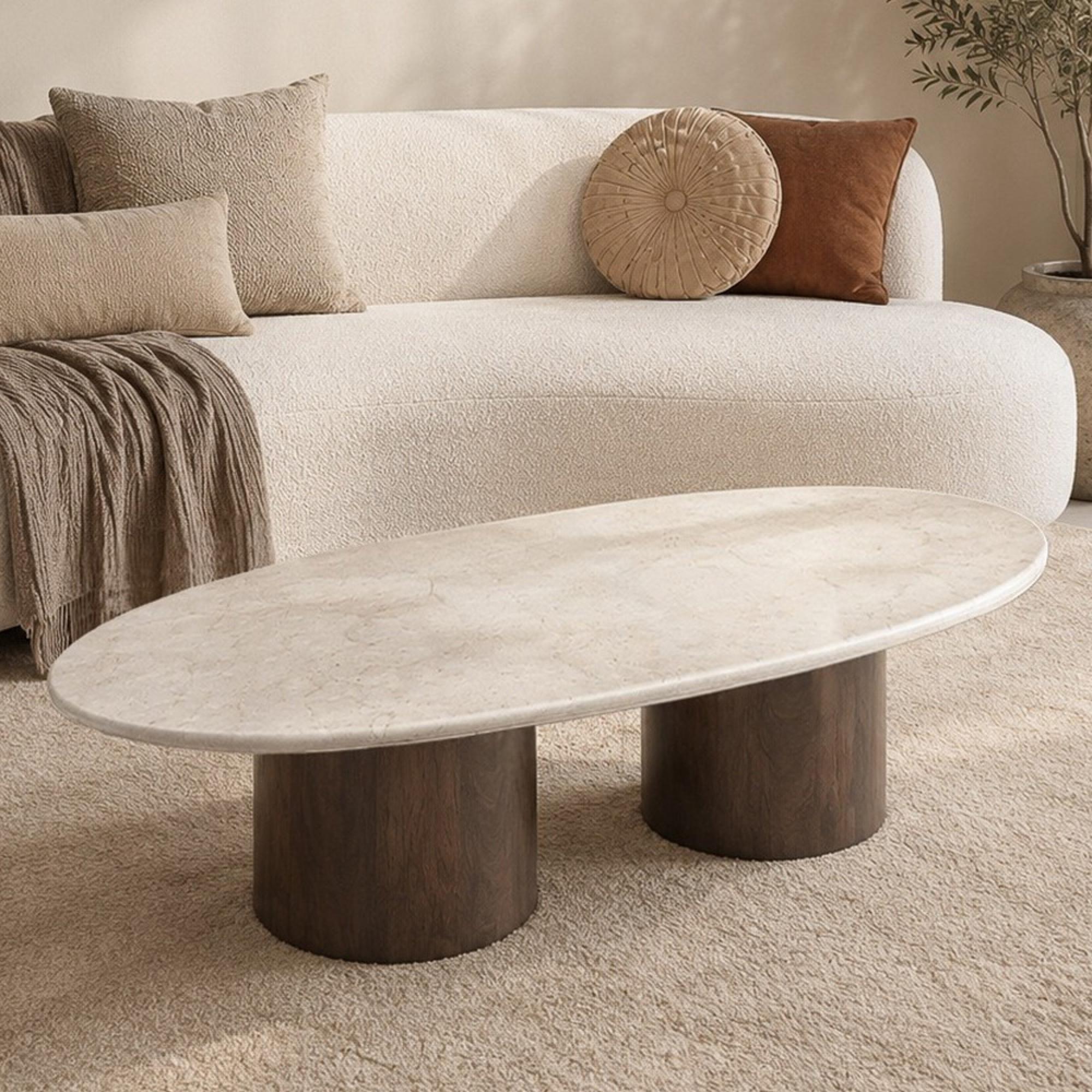 Brix Duno Bottecino Coffee Table - Oval - Low - Chestnut - Ceramic and Mango Wood