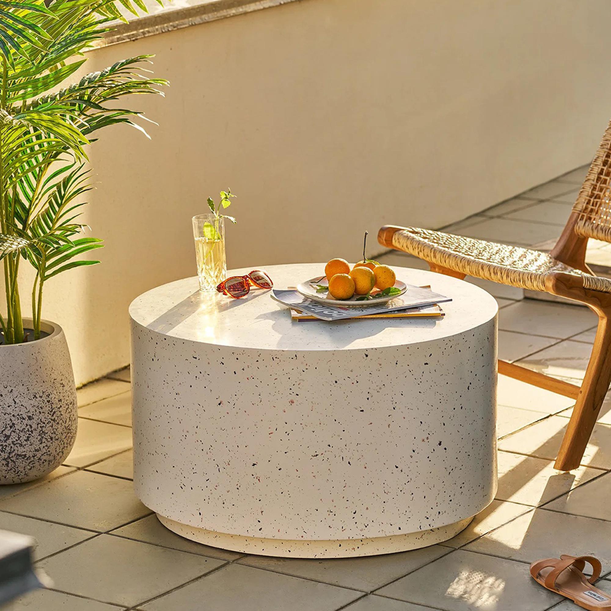Bonn Coffee Table - Round - Off White Terrazzo Effect - Drum Base - Fiberglass