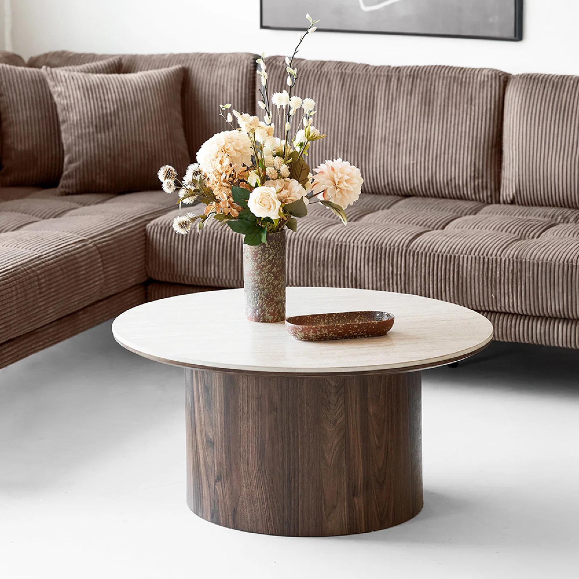 Delphi Coffee Table - Round - Cylindrical Base - Cream and Dark Brown - Ceramic and Wooden