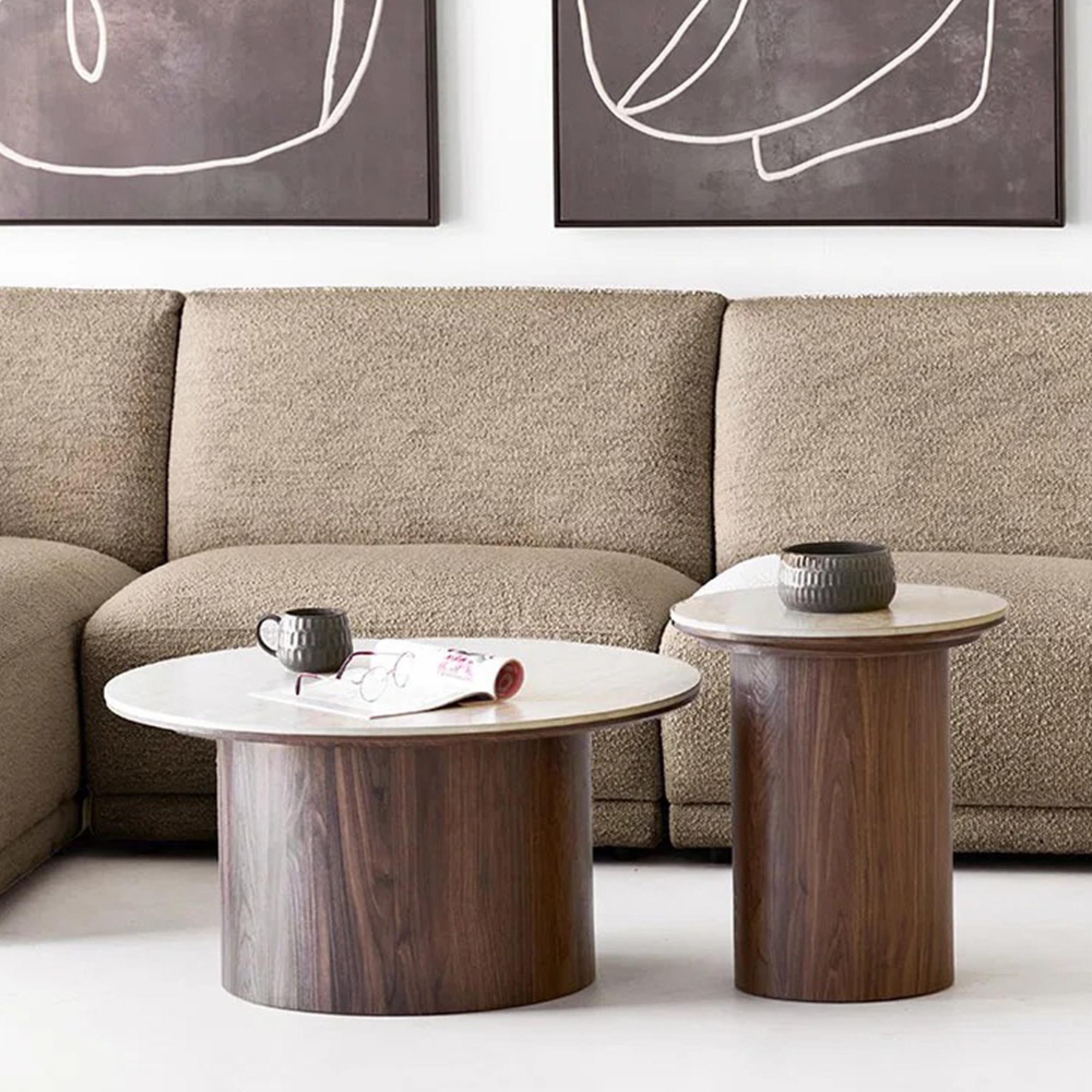 Delphi Coffee Table - Set of 2 - Round - Cylindrical Base - Cream and Dark Brown - Ceramic and Wooden