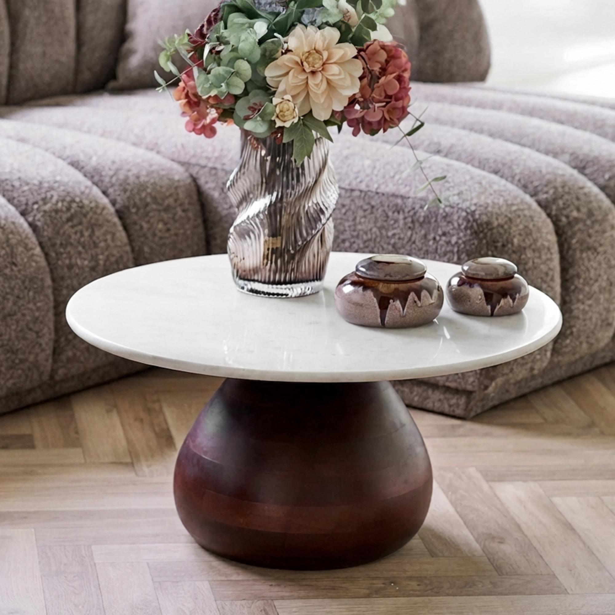 Heide Coffee Table - Round - White and Dark Brown - Marble and Mango Wood