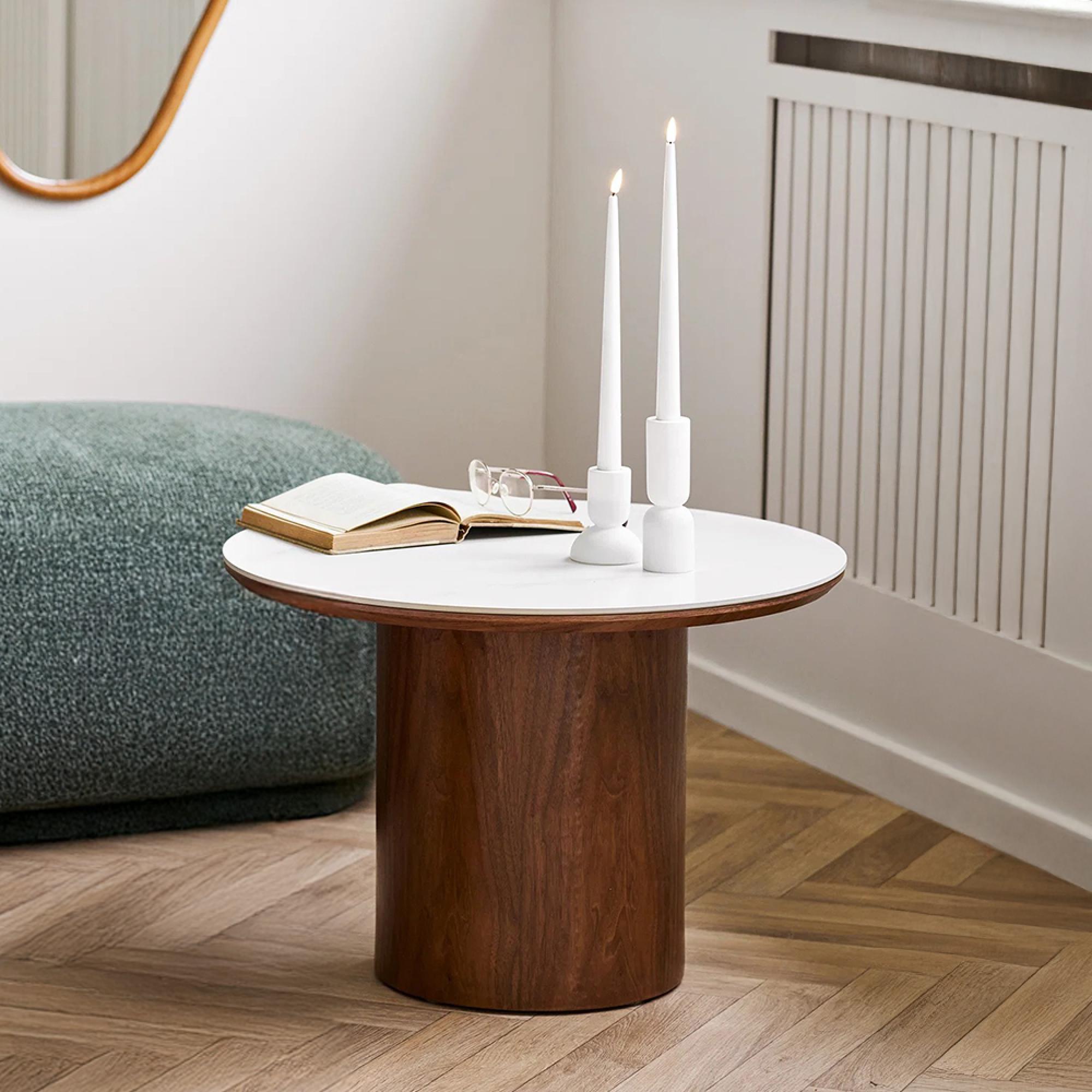 Noli Coffee Table - Round - Cylindrical Base - White and Dark Brown - Ceramic and Wooden