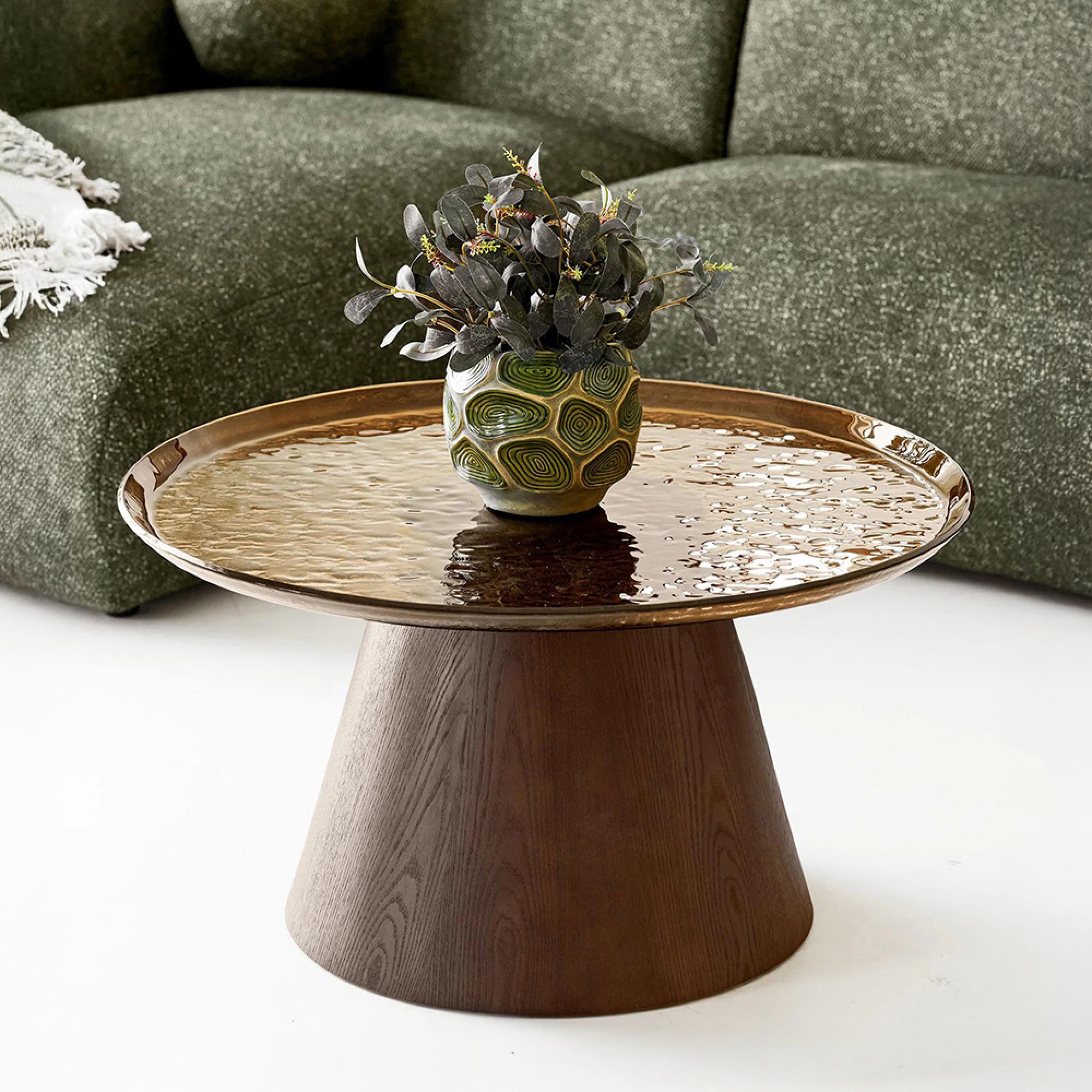 Orvieto Coffee Table - Round - Dark Brown - Rippled Glass and Wood