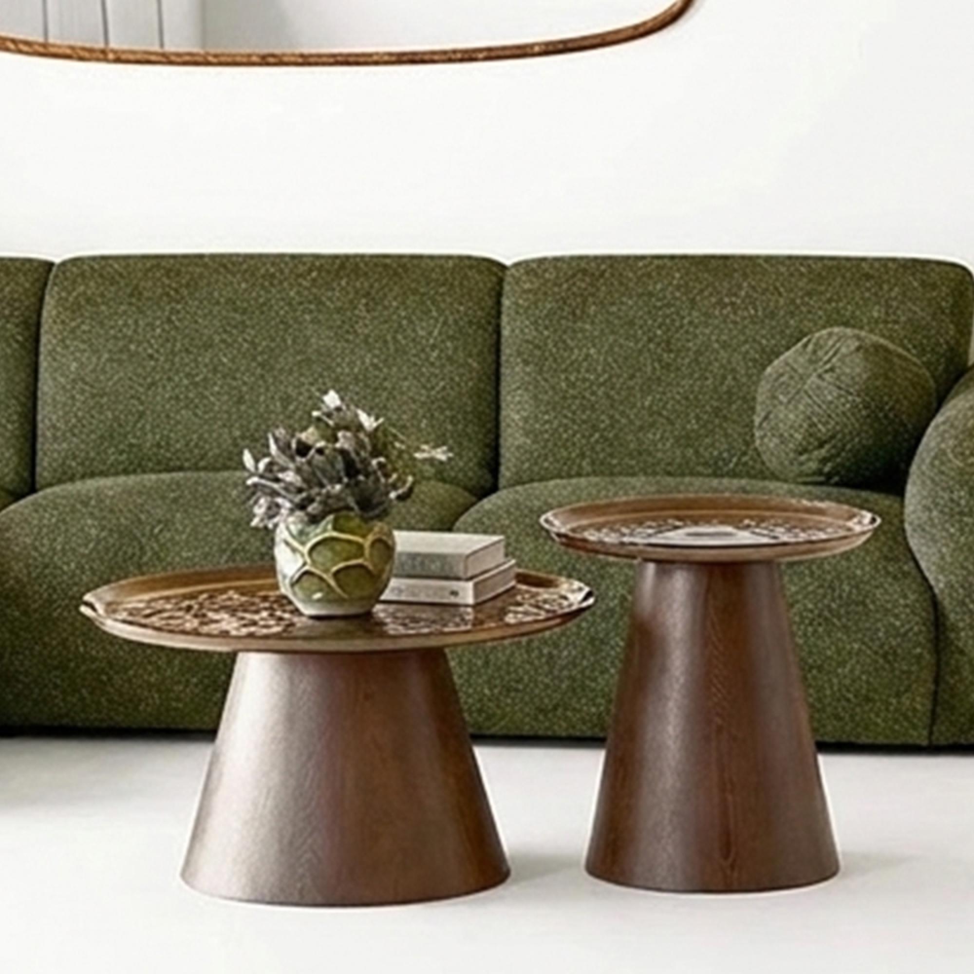 Orvieto Coffee Table - Set of 2 - Round - Dark Brown - Rippled Glass and Wood