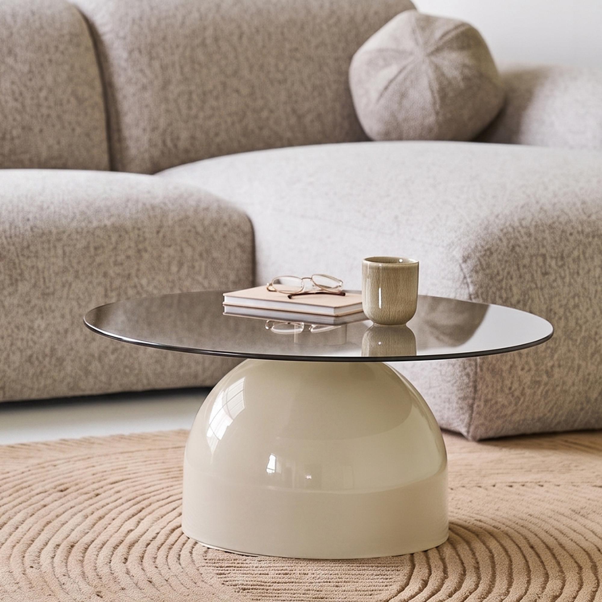 Ravello Coffee Table - Round - Sculptural Base - Grey and Beige - Tempered Glass and Metal
