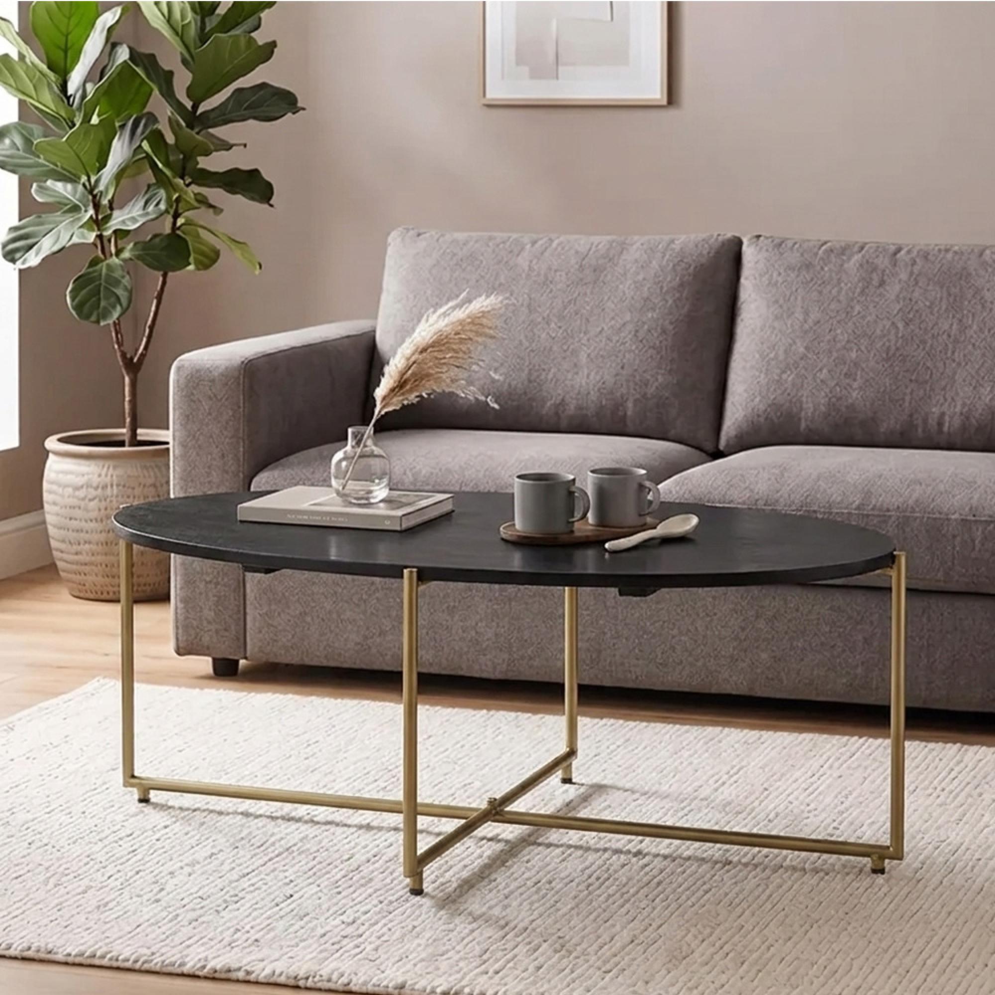 Anthony Coffee Table - Oval - Geometric Base - Black and Gold - Mango Wood